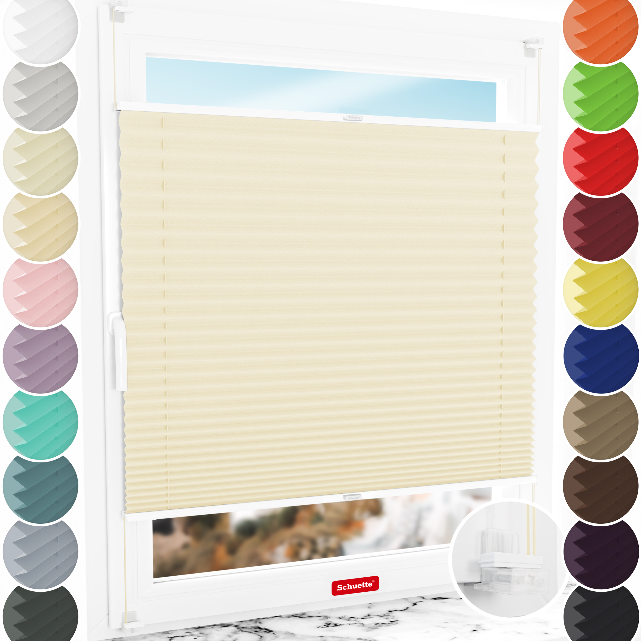 Schuette® Plissee ohne Bohren nach Maß • Suprafix Klemmhalter “Incognito X" • Thermo Kollektion: Milk Tea (Beige) • Profilfarbe: Weiß