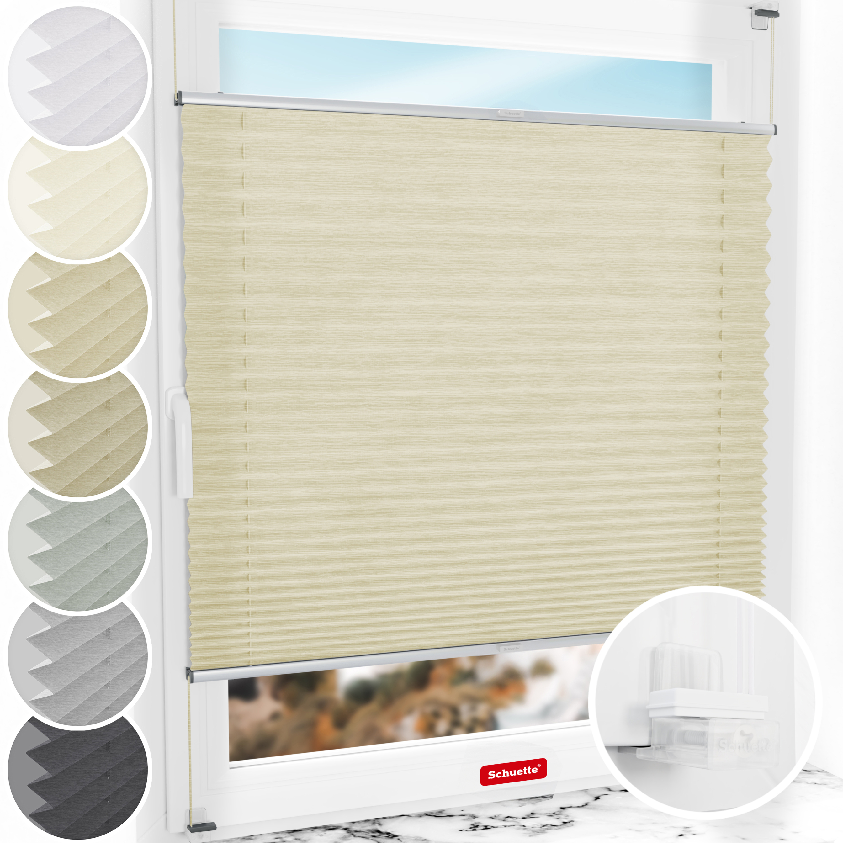 Schuette® Plissee ohne Bohren nach Maß • Suprafix Klemmhalter “Incognito X" • Dolomite Kollektion: Wet Stand (Beige) • Profilfarbe: Silber