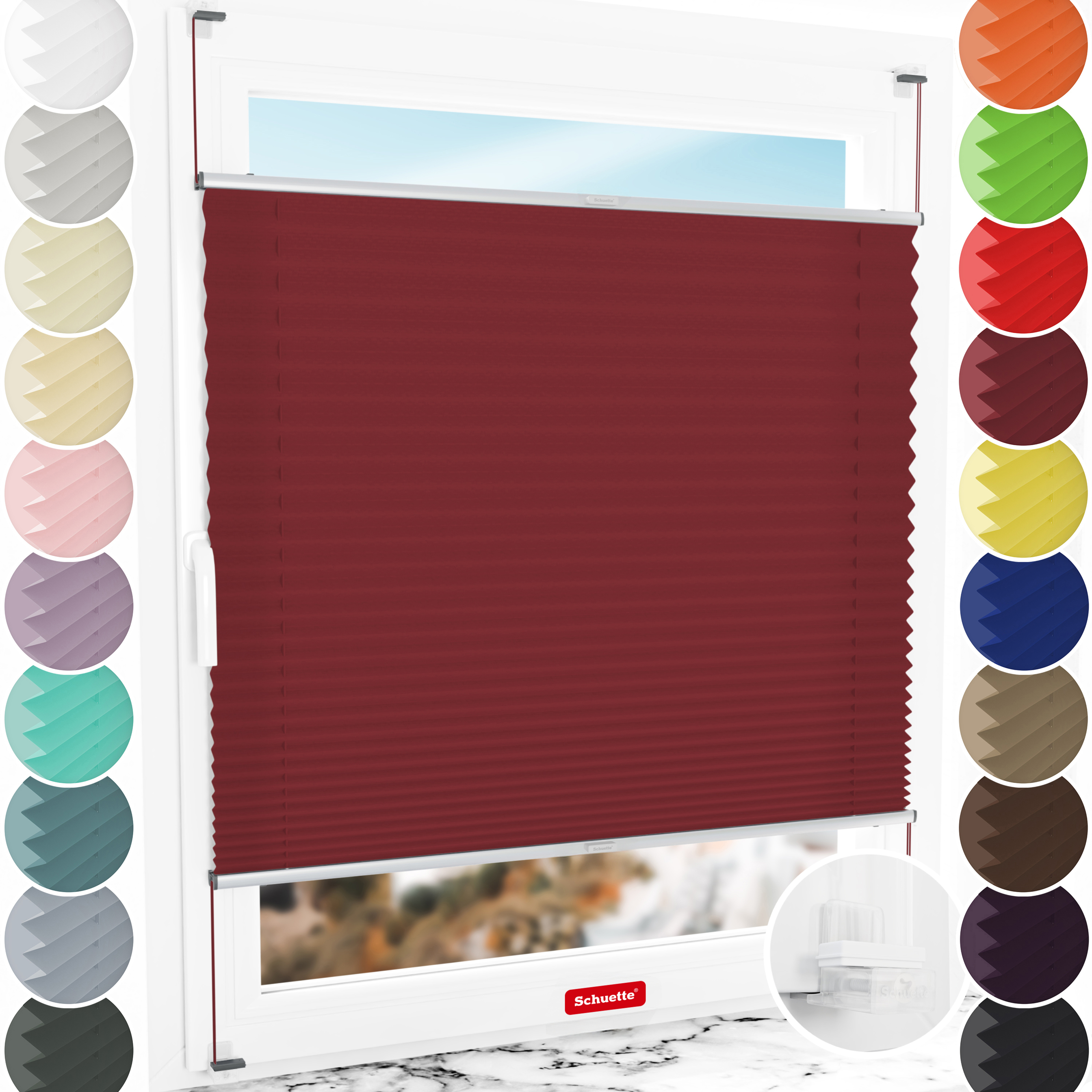 Schuette® Plissee ohne Bohren nach Maß • Suprafix Klemmhalter “Incognito X" • Premium Kollektion: Ruby Riddle (Dunkelrot) • Profilfarbe: Silber