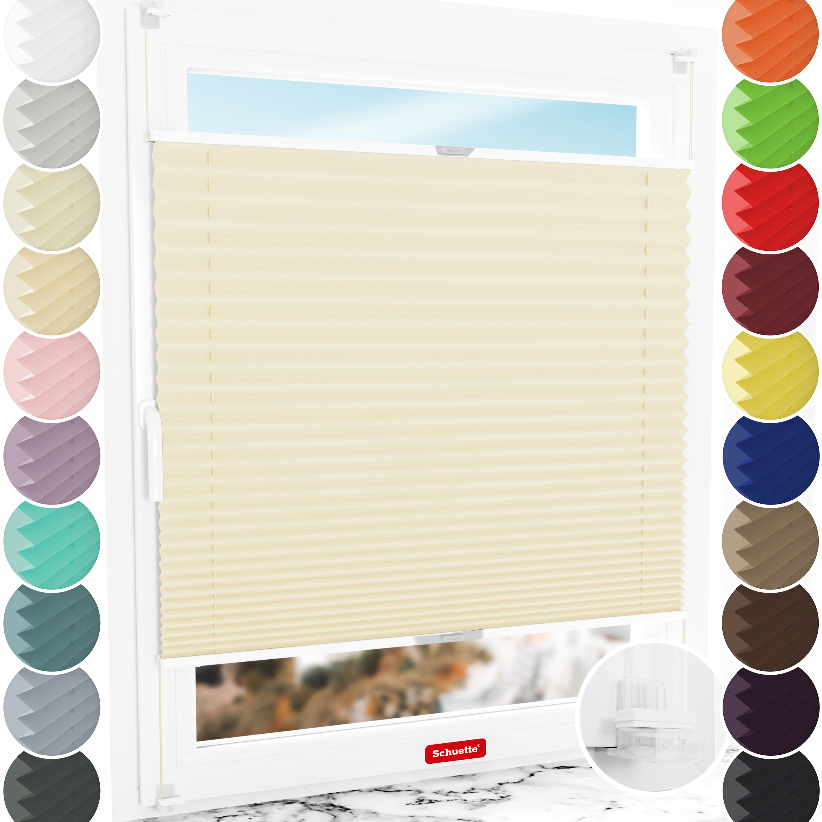 Schuette® Plissee ohne Bohren nach Maß • Suprafix Klemmhalter “Incognito X" • Thermo Kollektion: Milk Tea (Beige) • Profilfarbe: Silber