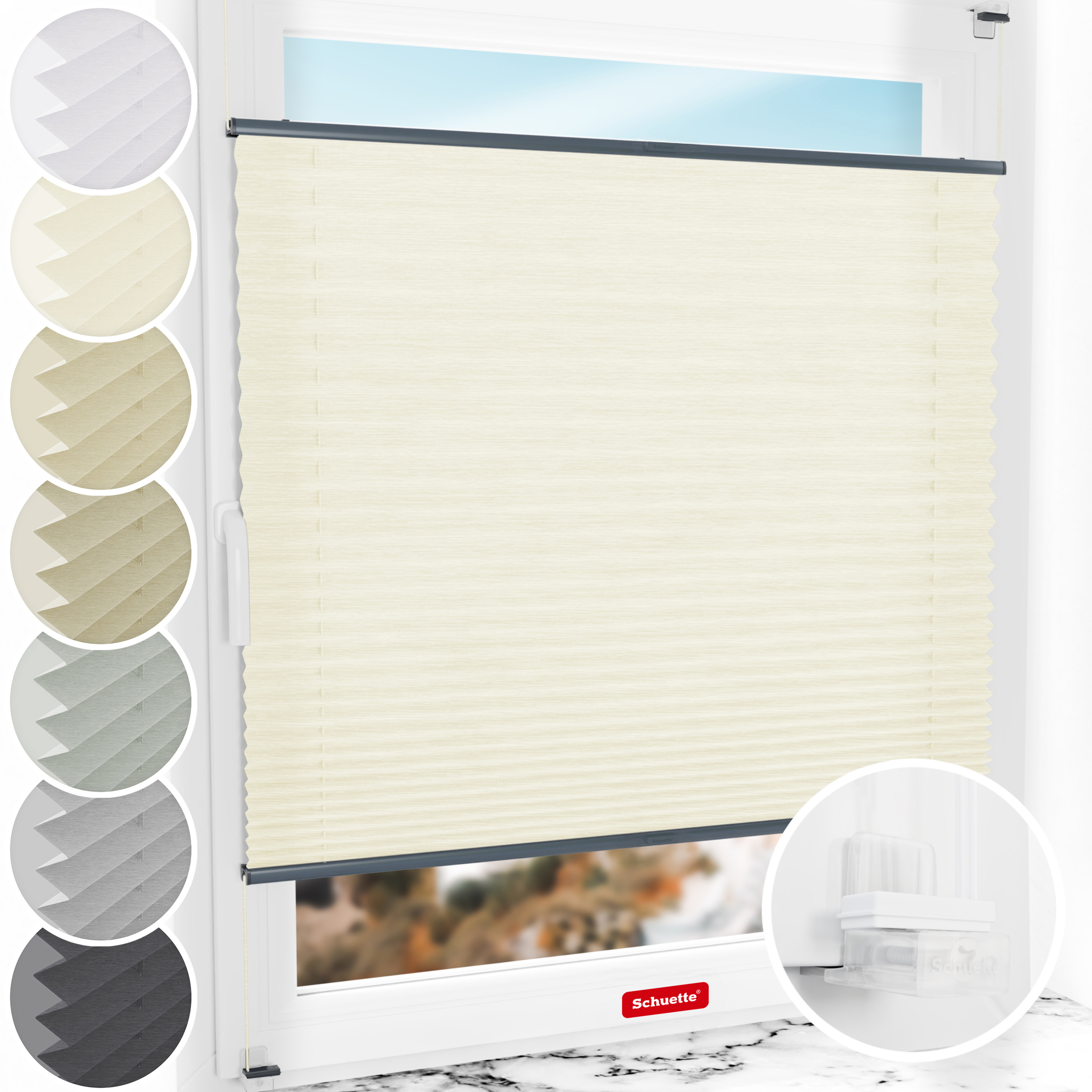 Schuette® Plissee ohne Bohren nach Maß • Suprafix Klemmhalter “Incognito X" • Dolomite Kollektion: Vanilla Sky (Beige) • Profilfarbe: Anthrazit