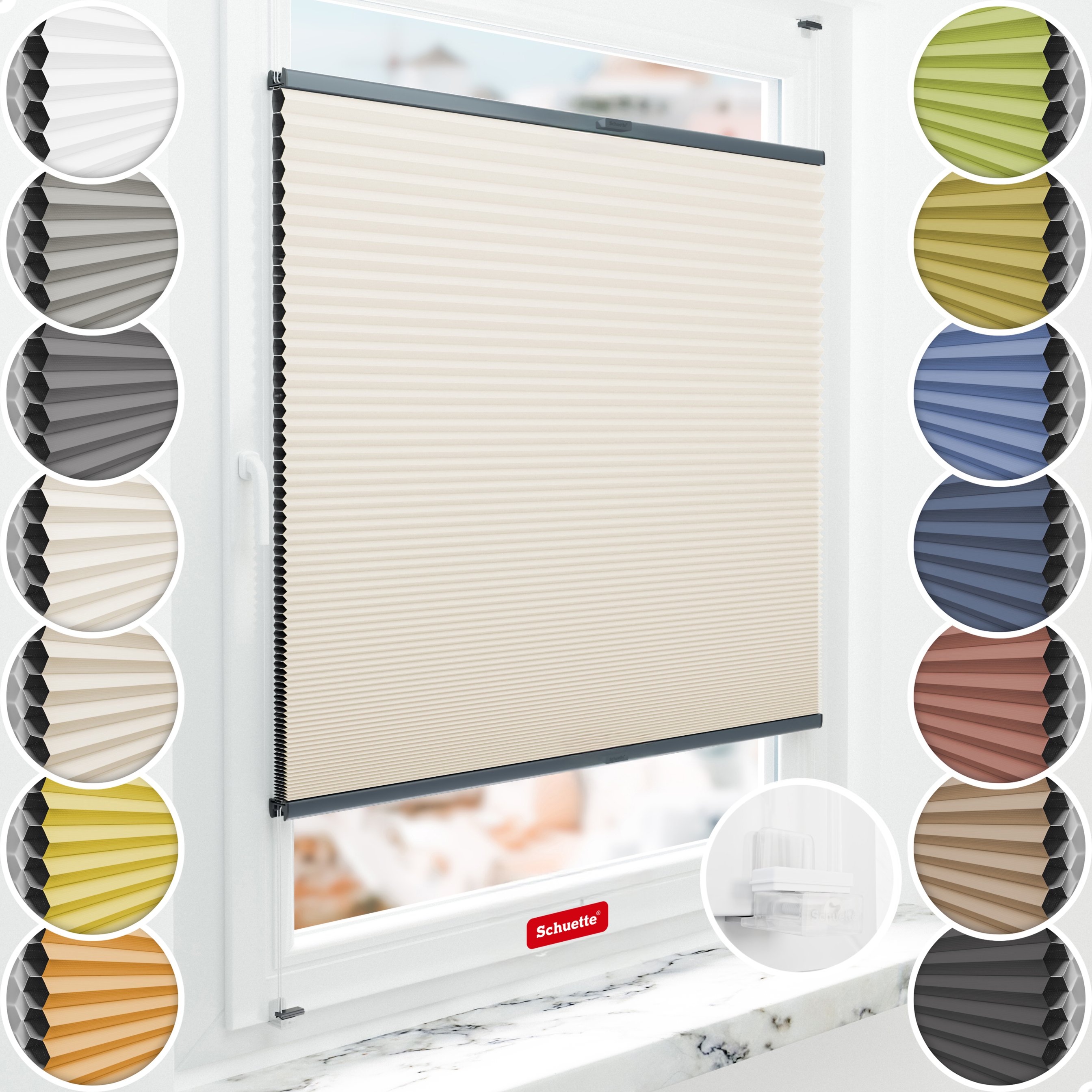 Schuette® Wabenplissee ohne Bohren nach Maß • Suprafix Klemmhalter “Incognito X" • Honey Kollektion: Calm Coast (Beige) • Profilfarbe: Anthrazit