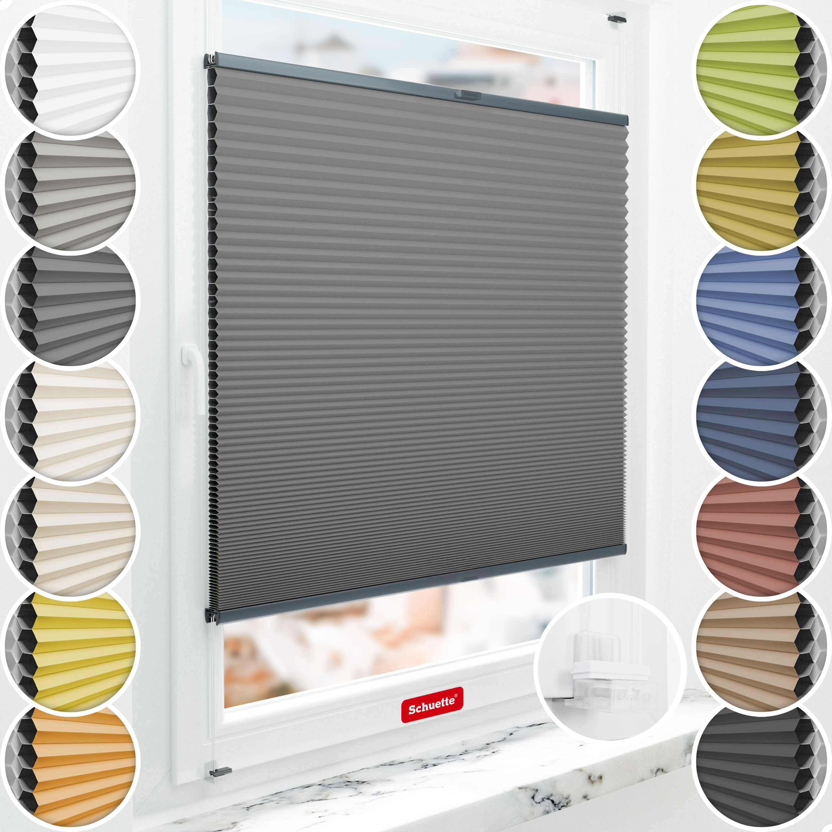 Schuette® Wabenplissee ohne Bohren nach Maß • Suprafix Klemmhalter “Incognito X" • Honey Kollektion: Twilight Tango (Grau) • Profilfarbe: Anthrazit
