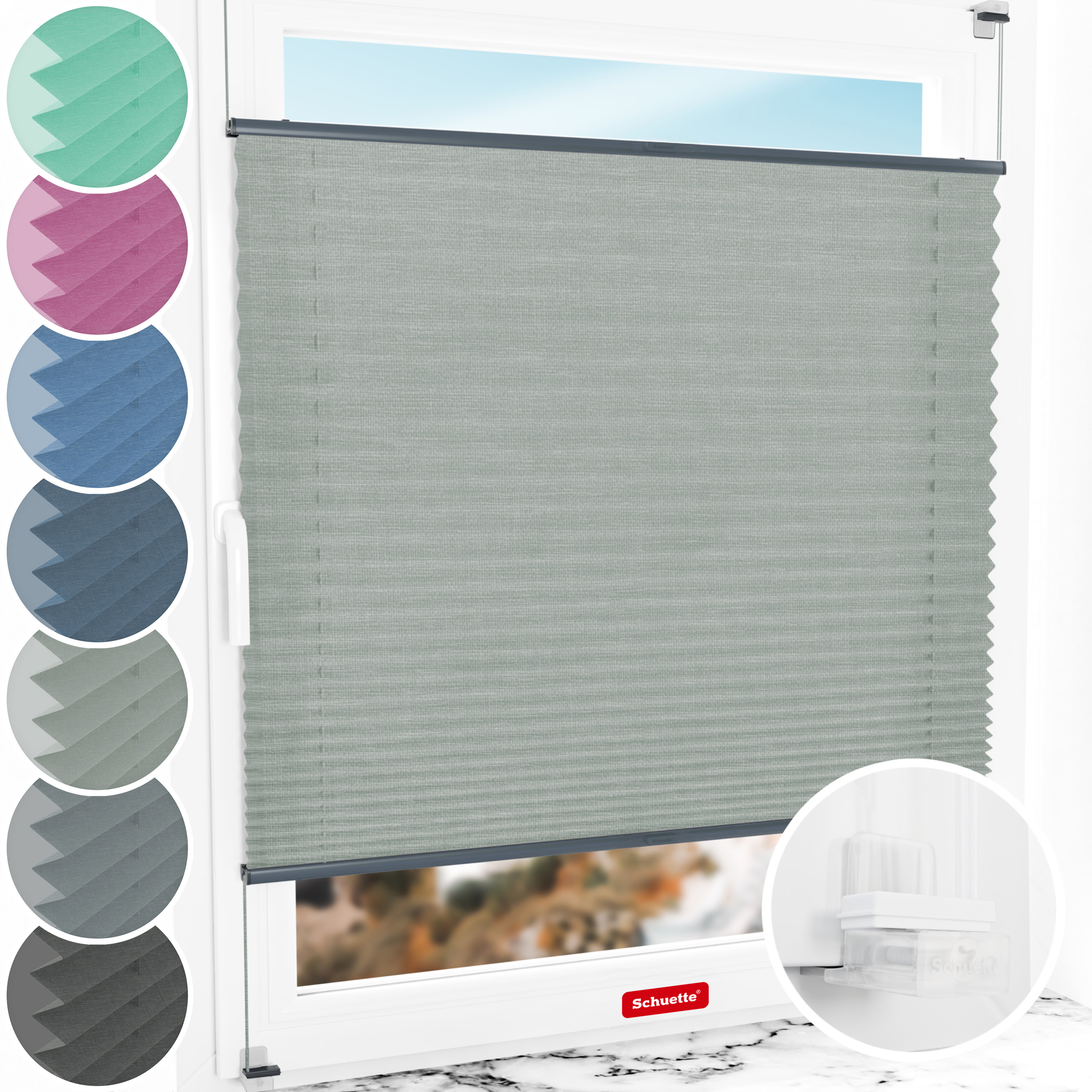Schuette® Plissee ohne Bohren nach Maß • Suprafix Klemmhalter “Incognito X" • Melange Kollektion: On The Road (Grau) • Profilfarbe: Anthrazit