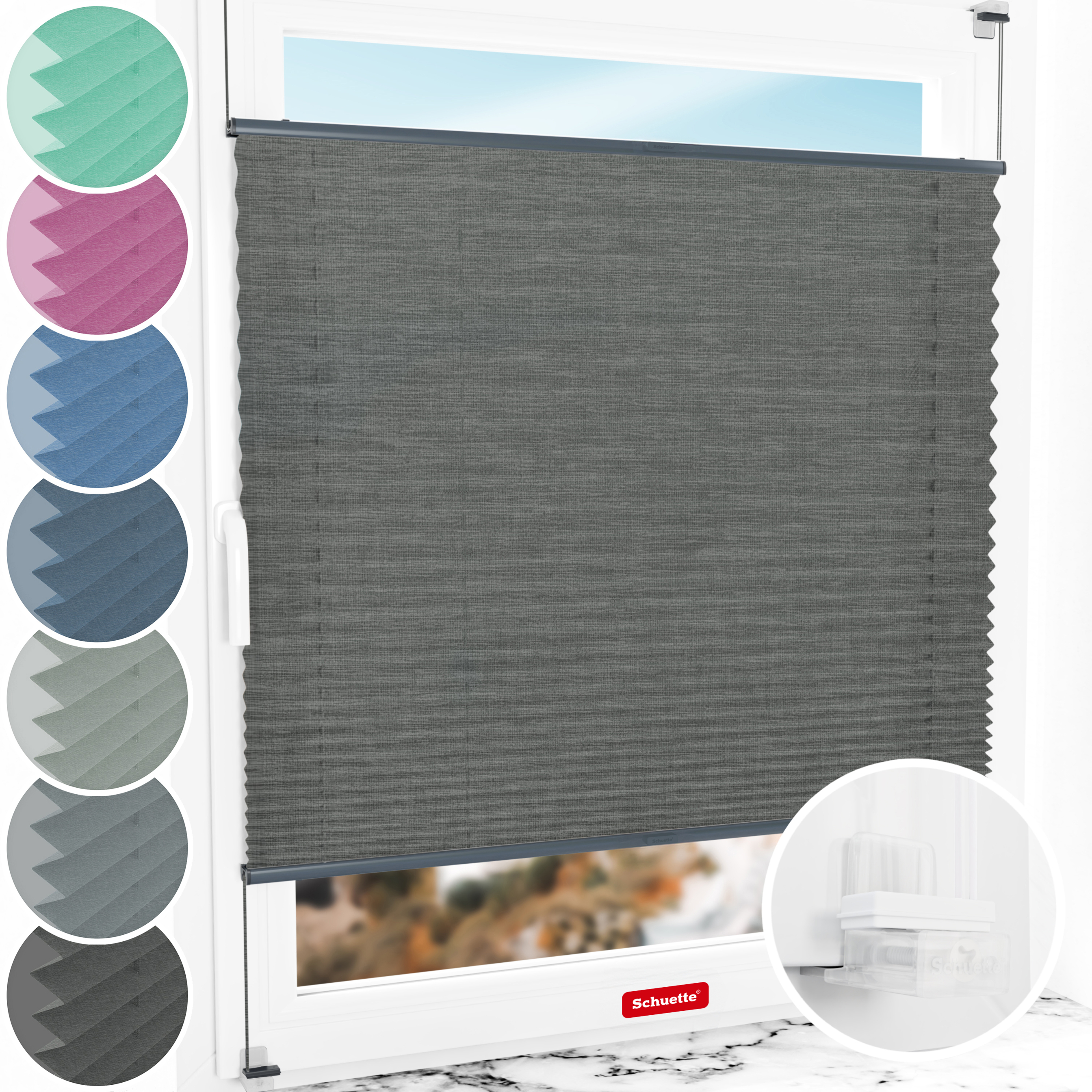 Schuette® Plissee ohne Bohren nach Maß • Suprafix Klemmhalter “Incognito X" • Melange Kollektion: Black Pearl (Schwarz) • Profilfarbe: Anthrazit