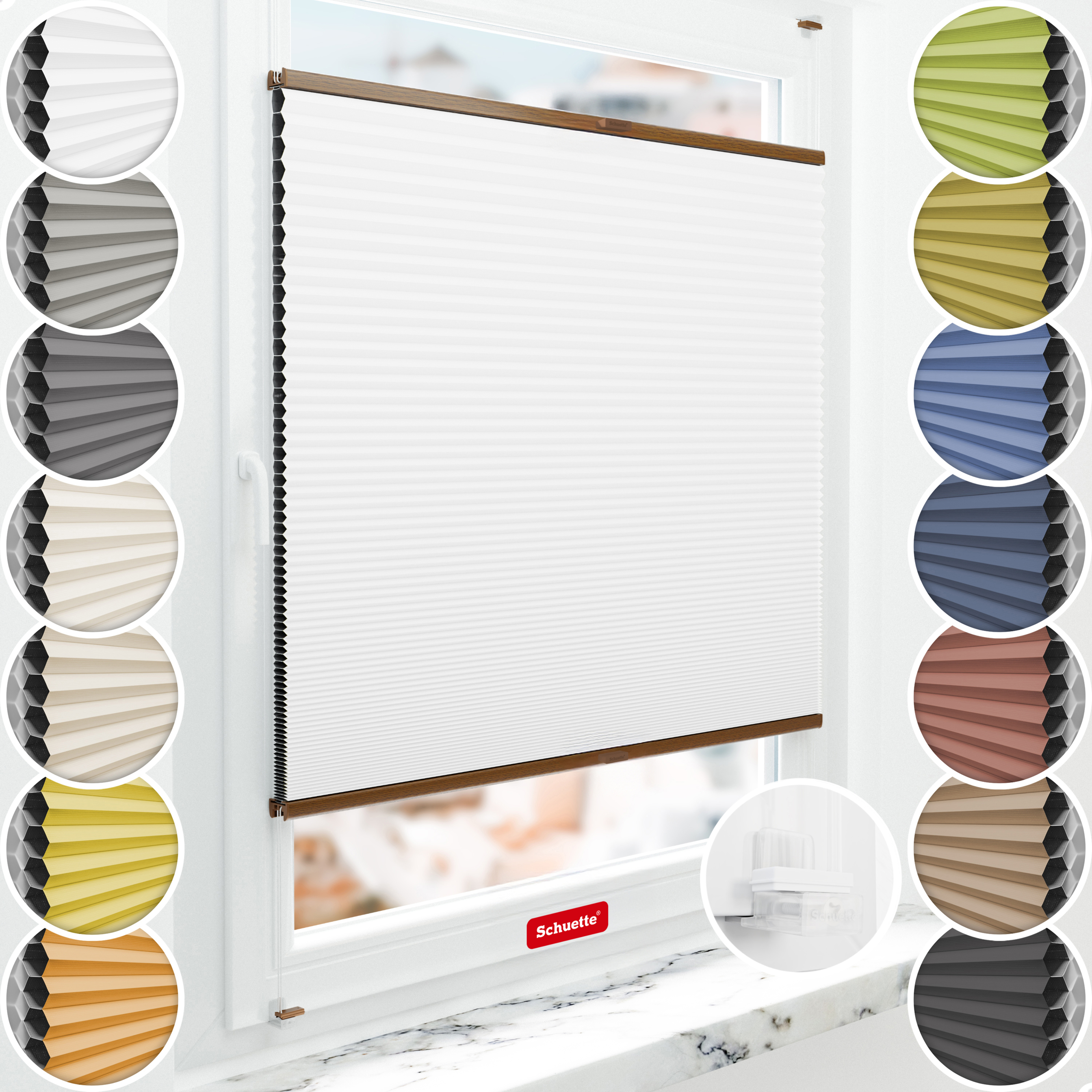 Schuette® Wabenplissee ohne Bohren nach Maß • Suprafix Klemmhalter “Incognito X" • Honey Kollektion: Moonlight (Weiß) • Profilfarbe: Eiche
