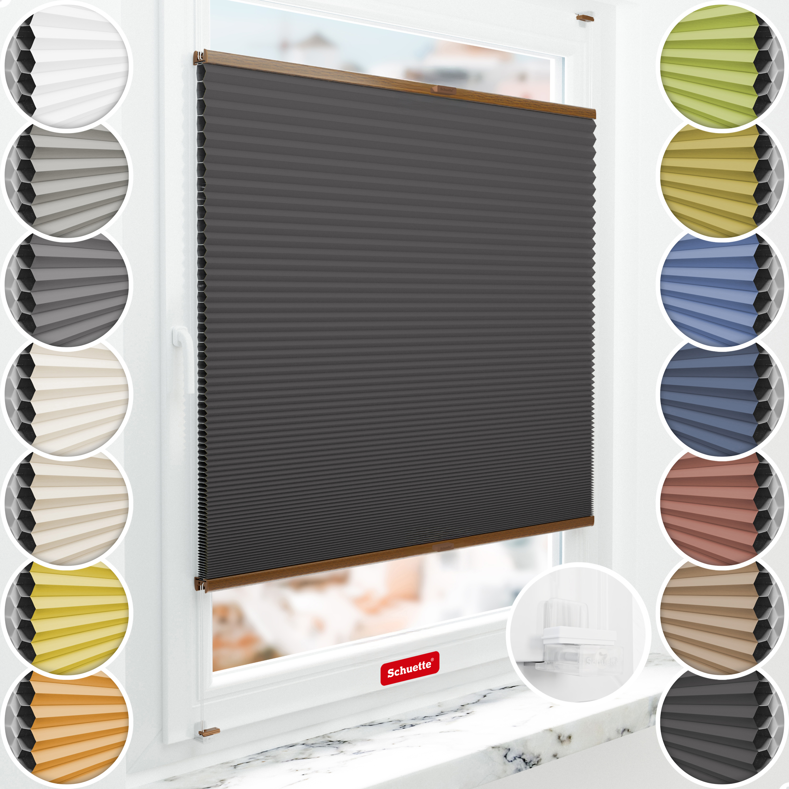 Schuette® Wabenplissee ohne Bohren nach Maß • Suprafix Klemmhalter “Incognito X" • Honey Kollektion: Starry Night (Schwarz) • Profilfarbe: Eiche