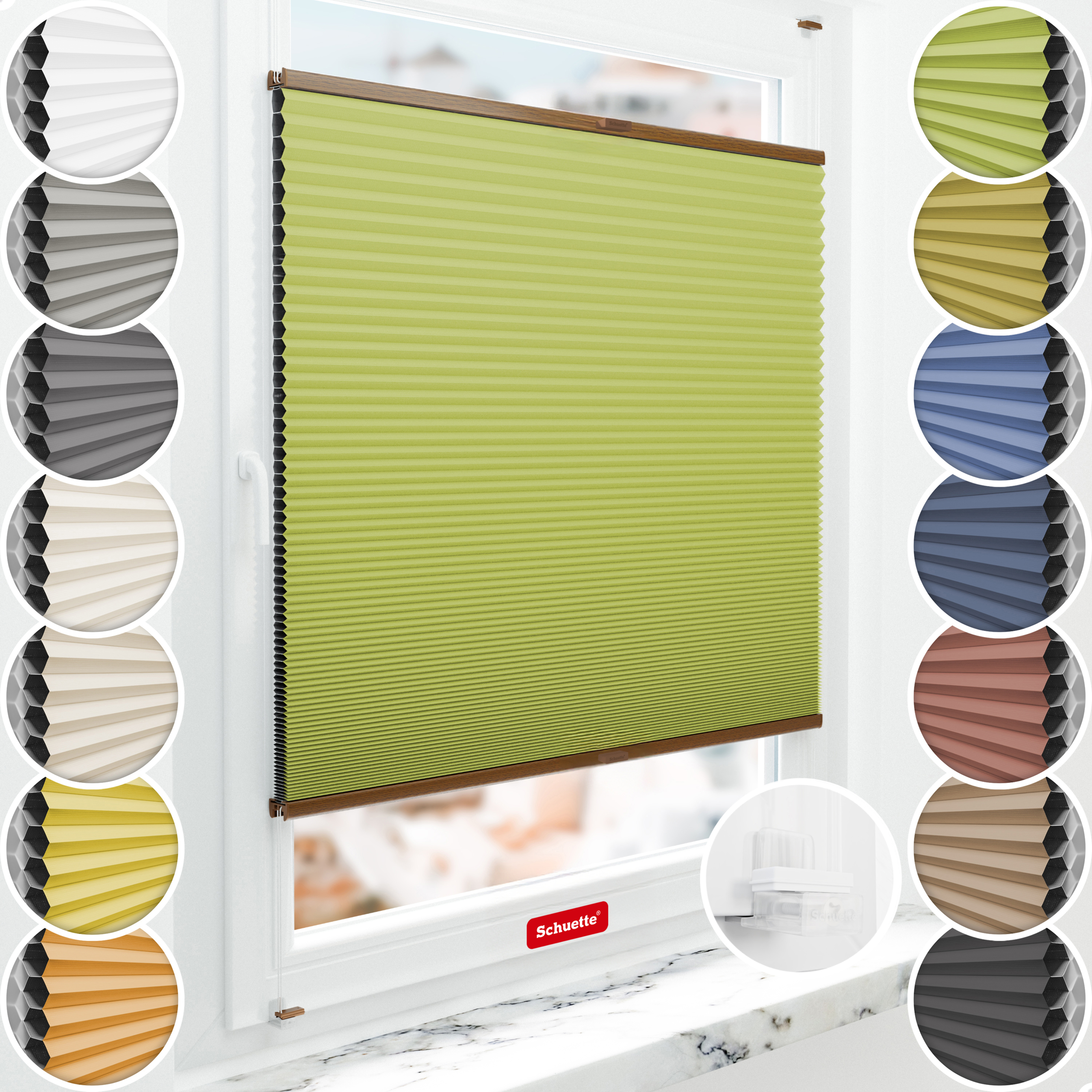 Schuette® Wabenplissee ohne Bohren nach Maß • Suprafix Klemmhalter “Incognito X" • Honey Kollektion: Green Tea (Grün) • Profilfarbe: Eiche