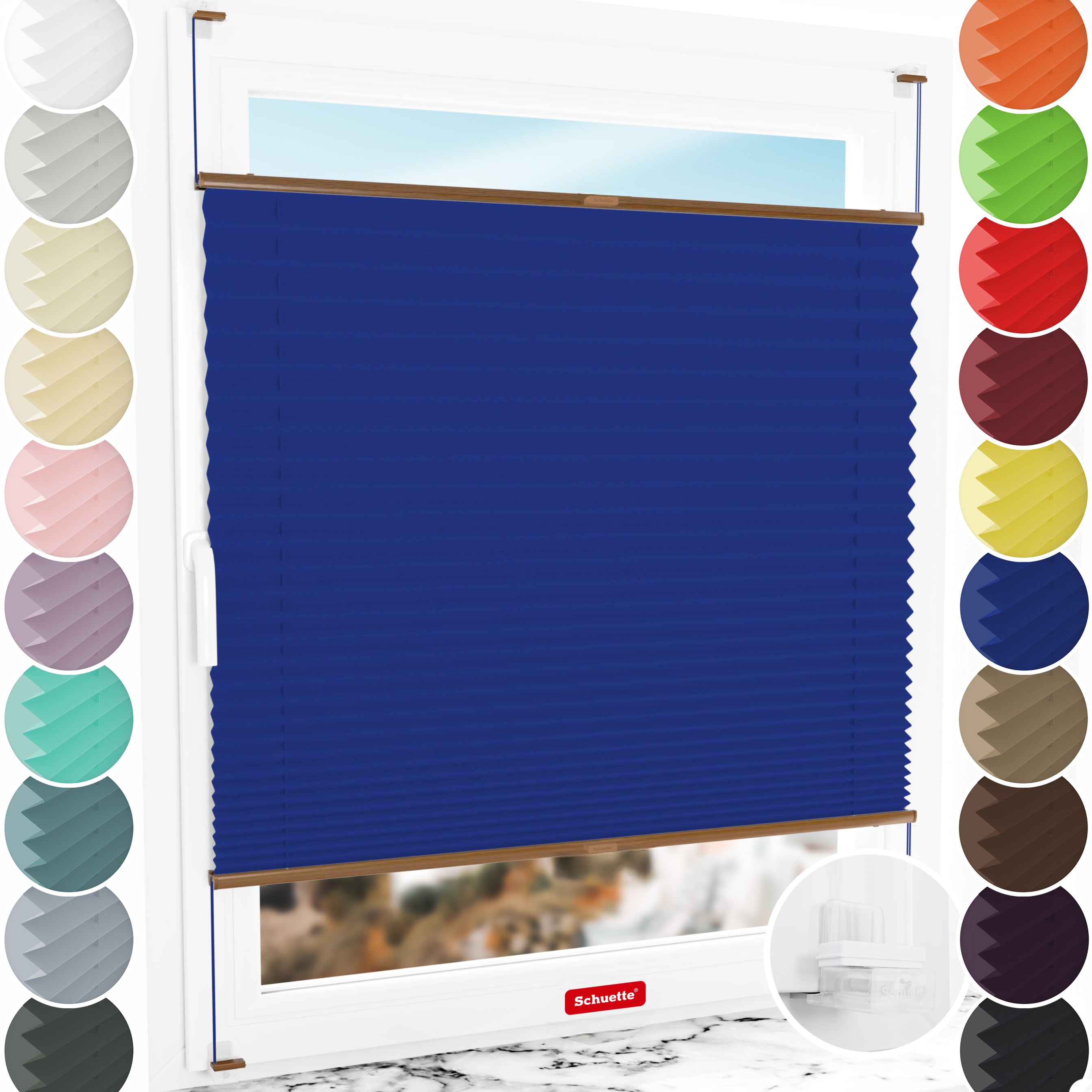 Schuette® Plissee ohne Bohren nach Maß • Suprafix Klemmhalter “Incognito X" • Thermo Kollektion: Wave Waltz (Blau) • Profilfarbe: Eiche