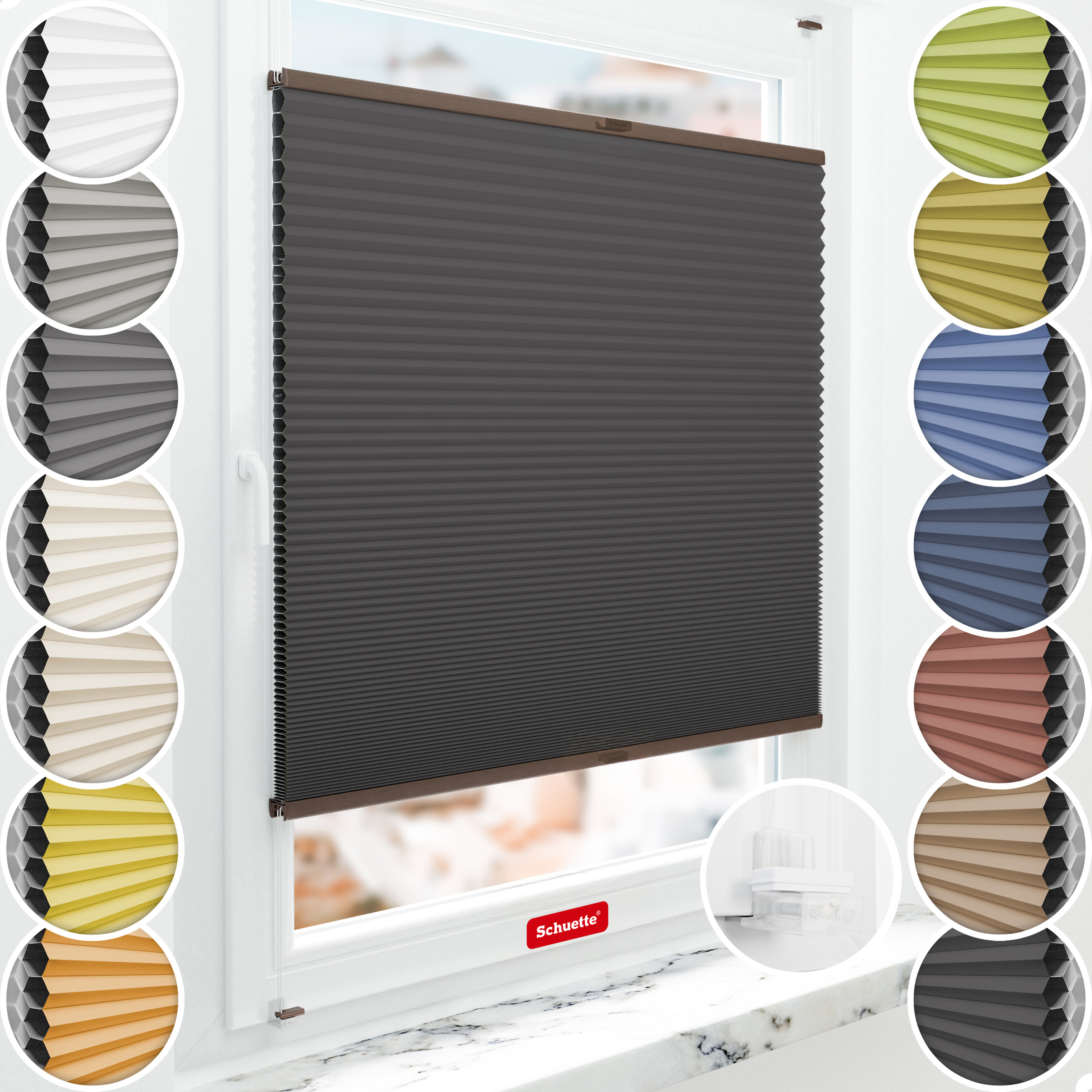 Schuette® Wabenplissee ohne Bohren nach Maß • Suprafix Klemmhalter “Incognito X" • Honey Kollektion: Starry Night (Schwarz) • Profilfarbe: Walnuss