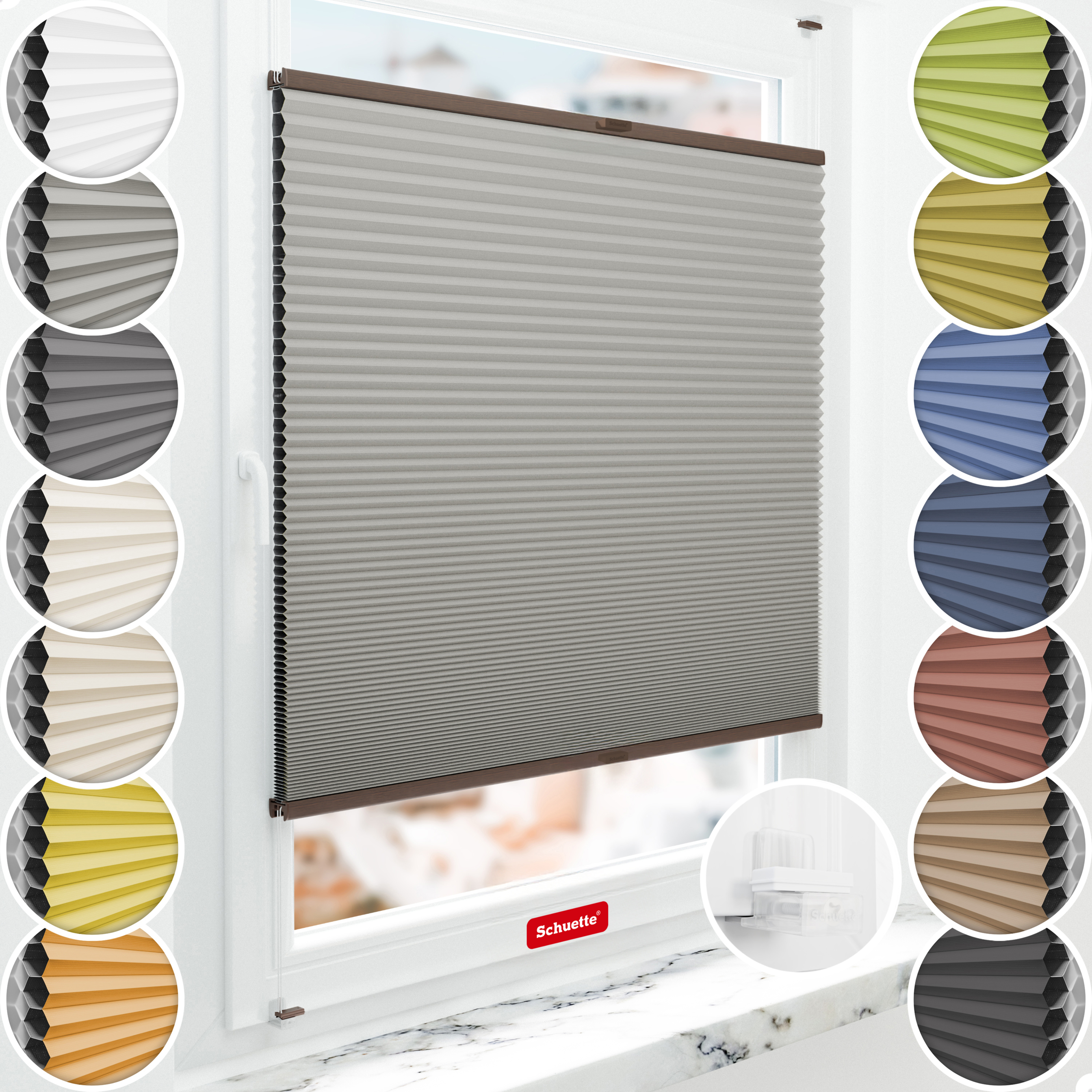 Schuette® Wabenplissee ohne Bohren nach Maß • Suprafix Klemmhalter “Incognito X" • Honey Kollektion: Silver Mist (Grau) • Profilfarbe: Walnuss