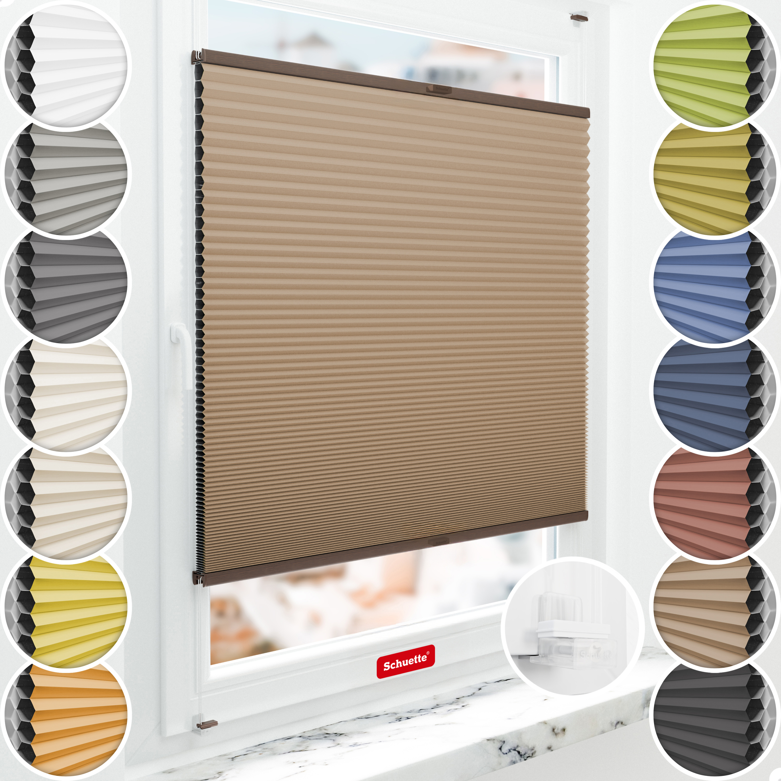 Schuette® Wabenplissee ohne Bohren nach Maß • Suprafix Klemmhalter “Incognito X" • Honey Kollektion: Maple Wood (Braun) • Profilfarbe: Walnuss