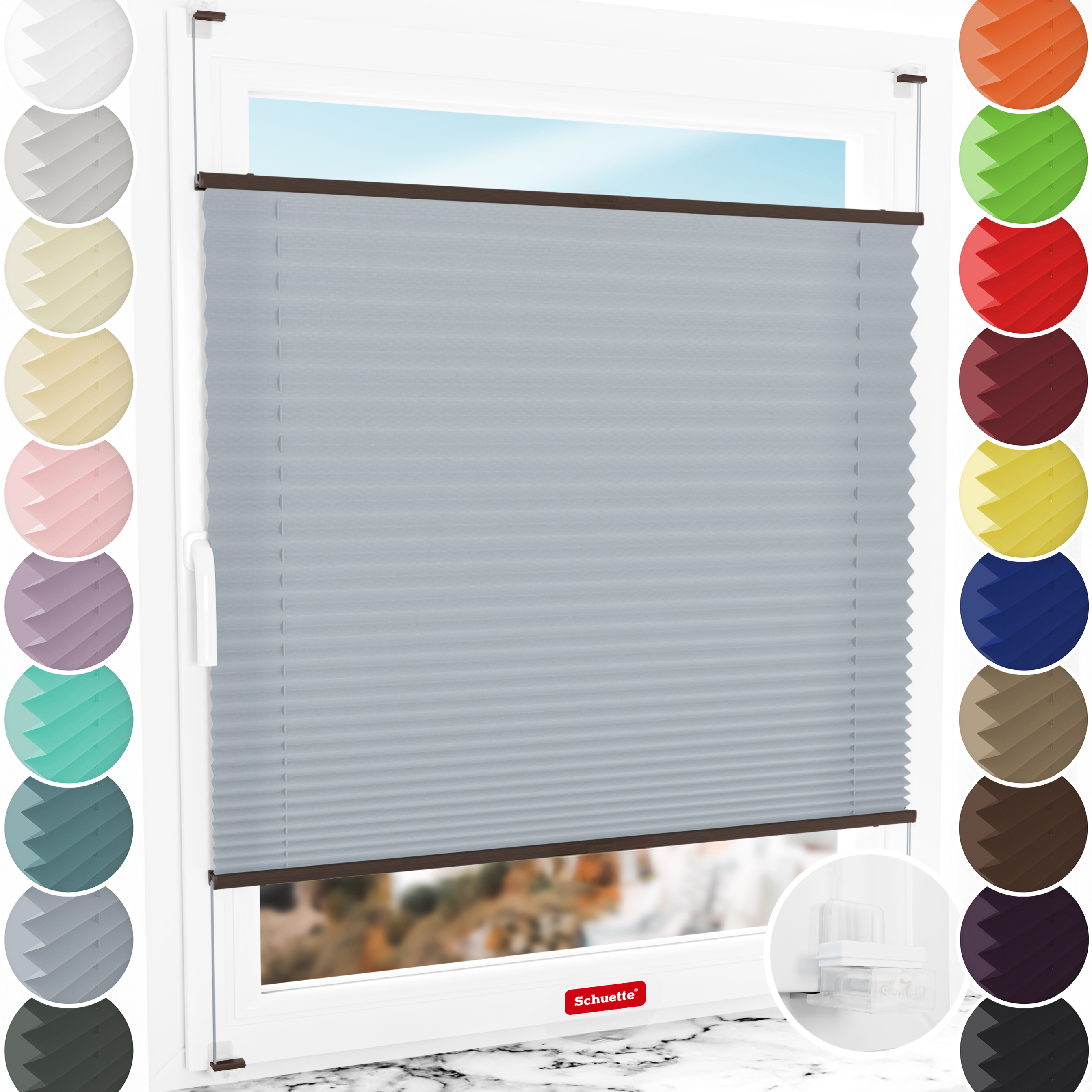 Schuette® Plissee ohne Bohren nach Maß • Suprafix Klemmhalter “Incognito X" • Premium Kollektion: Silver Sonata (Grau) • Profilfarbe: Walnuss