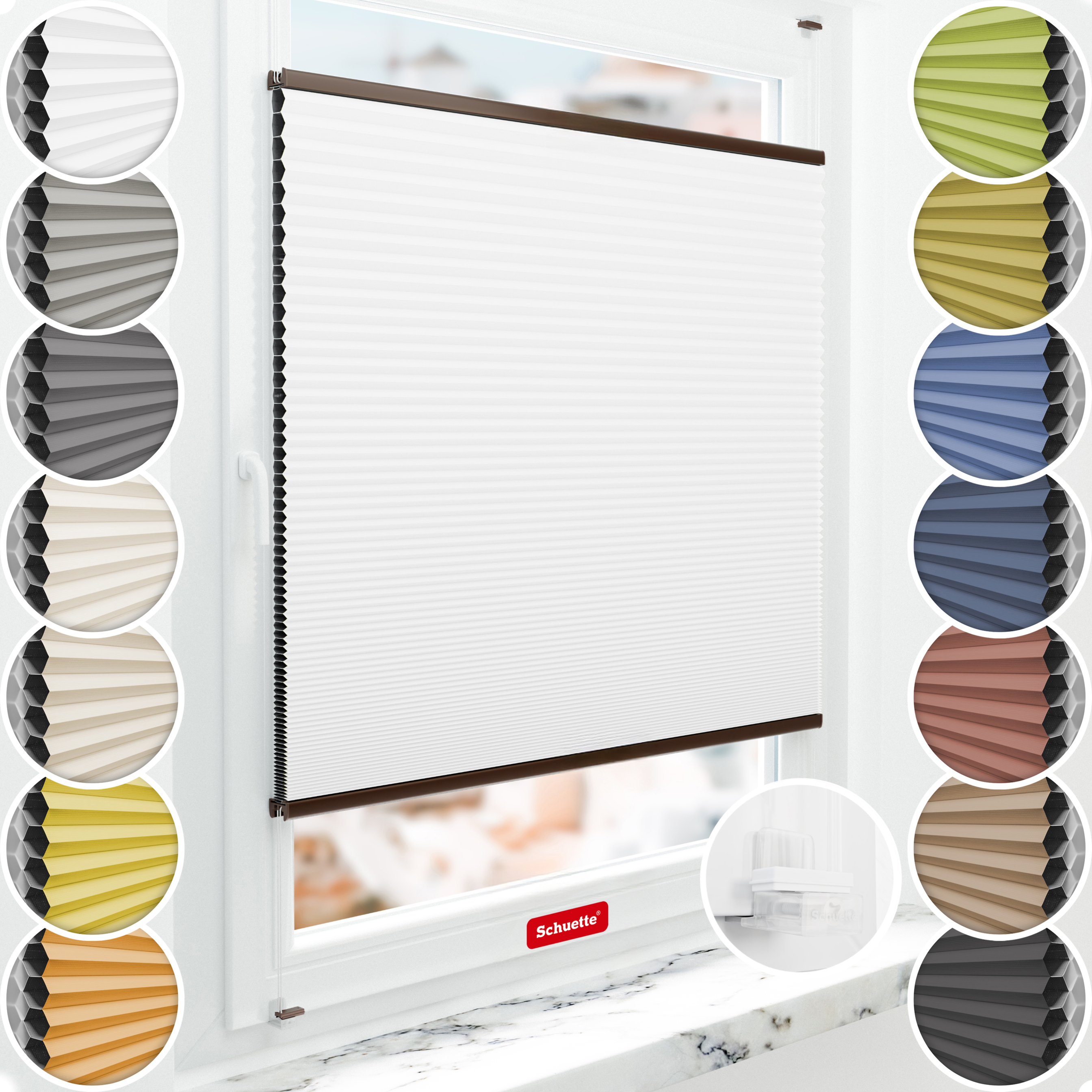 Schuette® Wabenplissee ohne Bohren nach Maß • Suprafix Klemmhalter “Incognito X" • Honey Kollektion: Moonlight (Weiß) • Profilfarbe: Braun