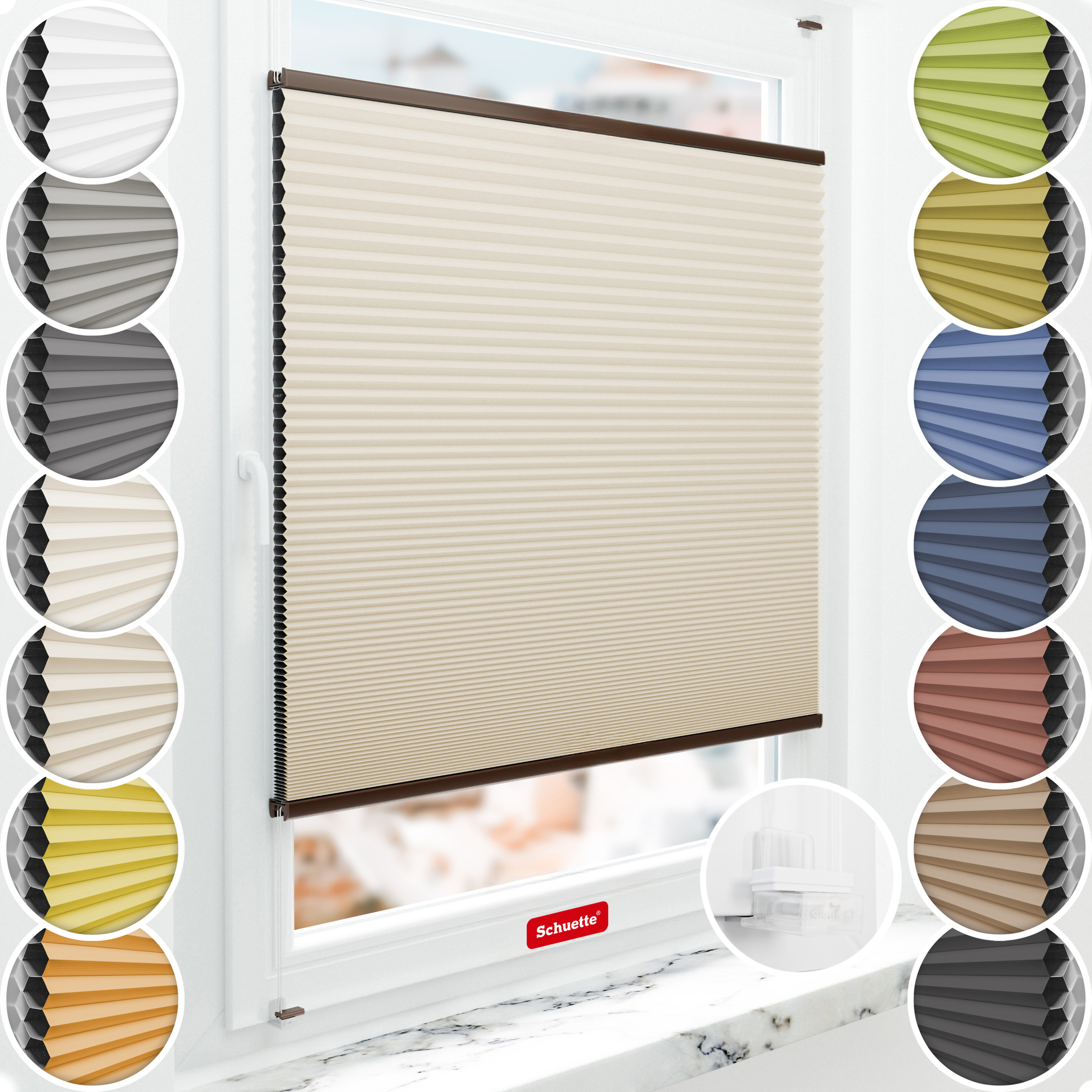 Schuette® Wabenplissee ohne Bohren nach Maß • Suprafix Klemmhalter “Incognito X" • Honey Kollektion: The Dune (Beige) • Profilfarbe: Braun