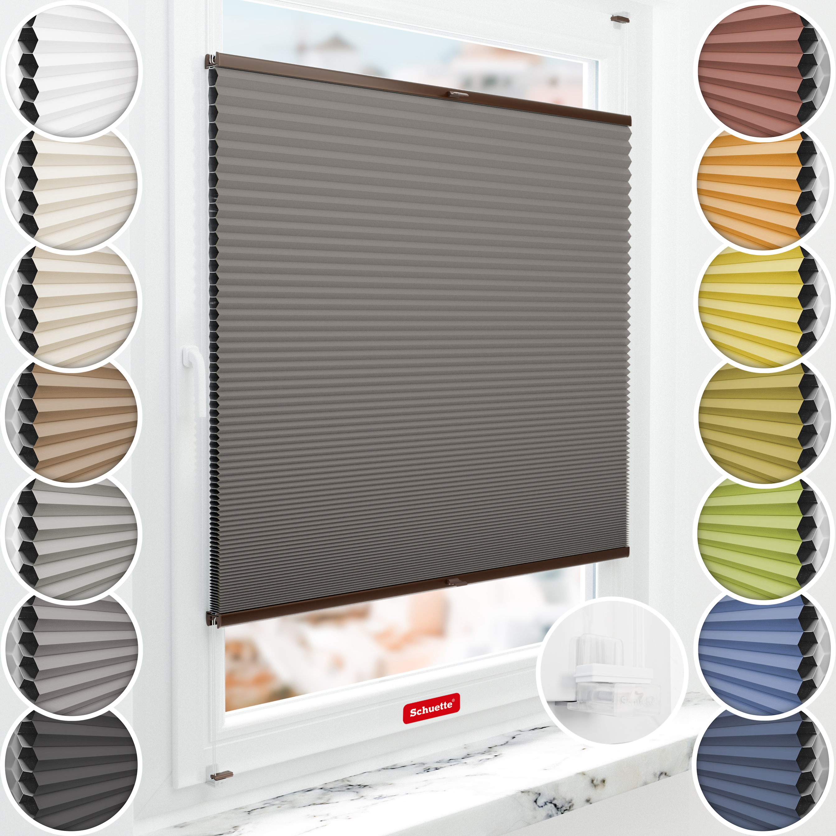 Schuette® Wabenplissee ohne Bohren nach Maß • Suprafix Klemmhalter “Incognito X" • Honey Kollektion: Swiss Chocolate (Taupe) • Profilfarbe: Braun