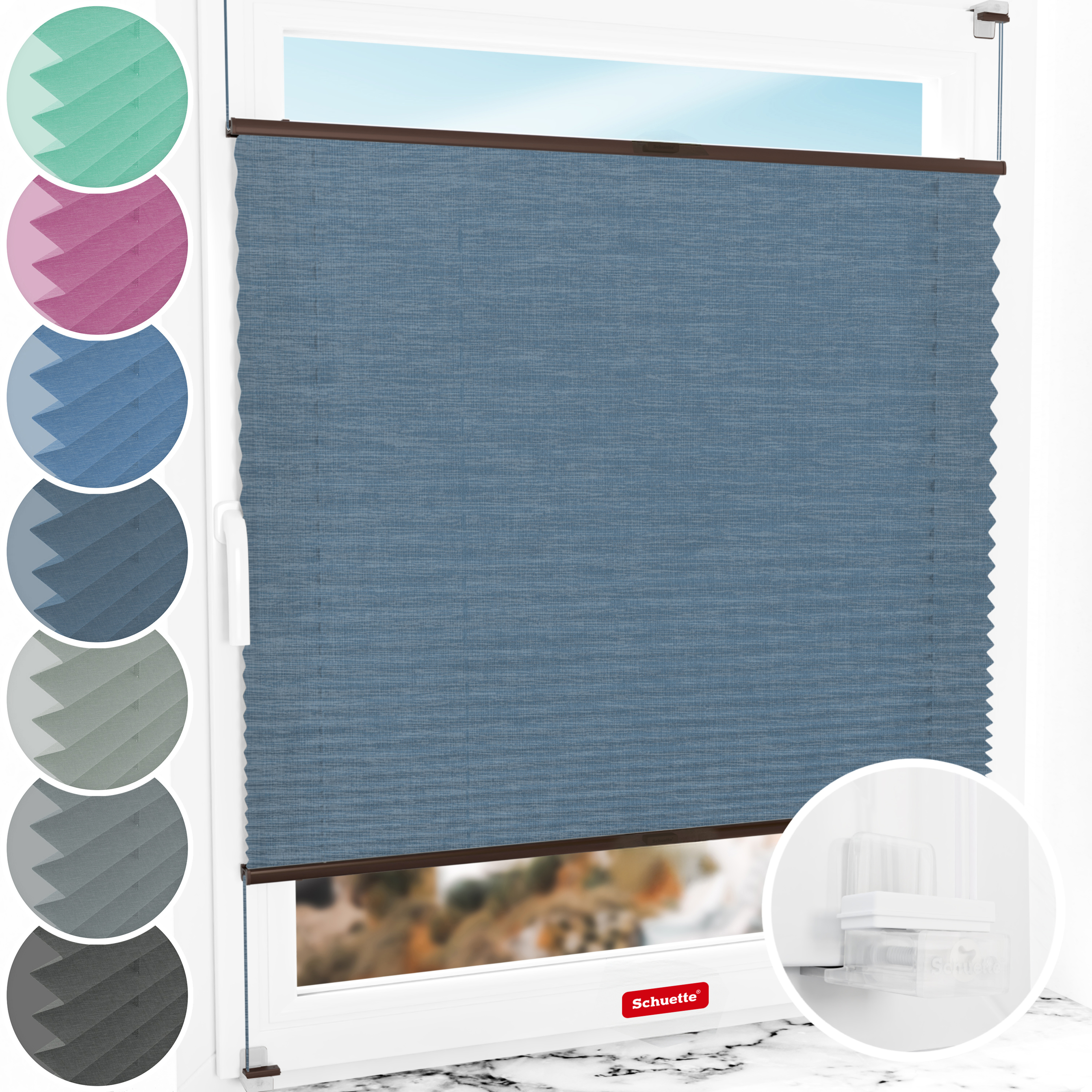 Schuette® Plissee ohne Bohren nach Maß • Suprafix Klemmhalter “Incognito X" • Melange Kollektion: After Rain (Blau) • Profilfarbe: Braun