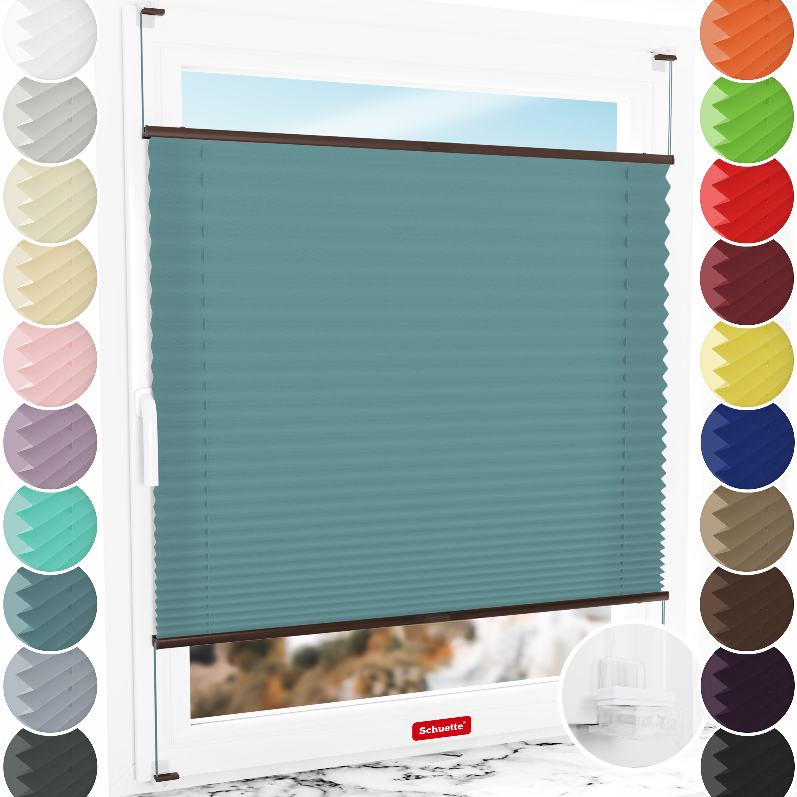 Schuette® Plissee ohne Bohren nach Maß • Suprafix Klemmhalter “Incognito X" • Premium Kollektion: Cove Calm (Taubenblau) • Profilfarbe: Braun