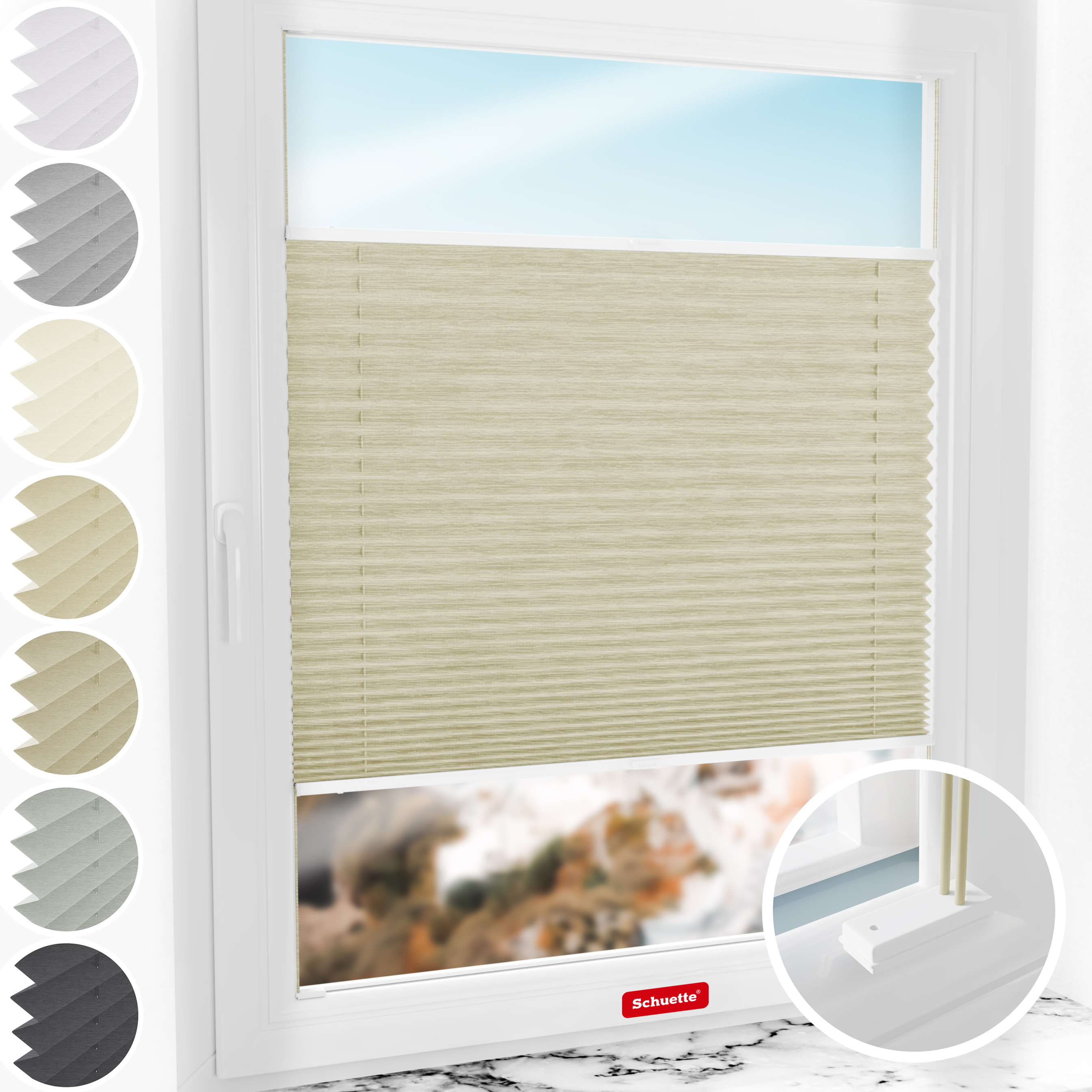 Schuette® Plissee mit Bohren nach Maß • Suprafix Halterungen “Mit Bohren” • Dolomite Kollektion: Light Coffee (Beige) • Profilfarbe: Weiß