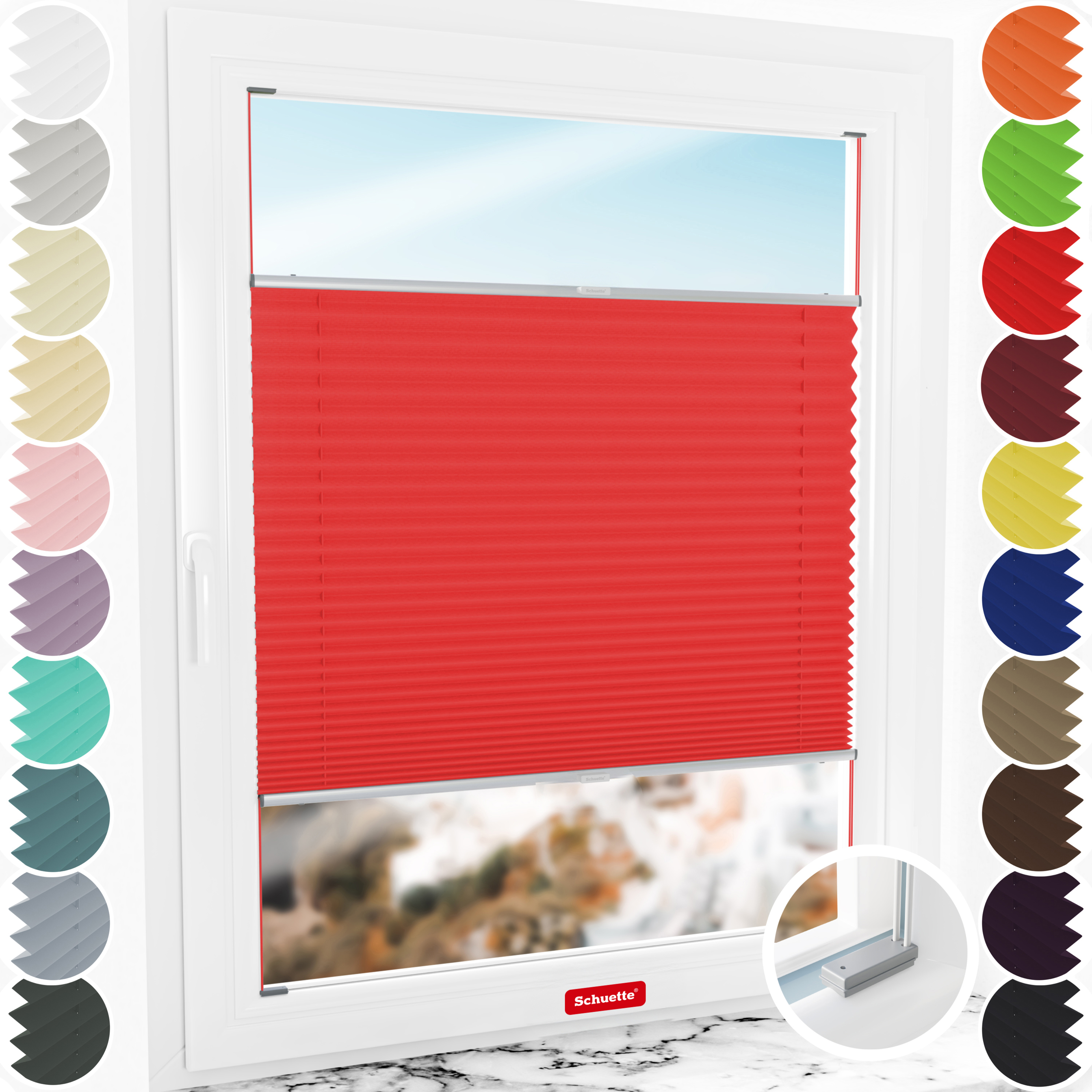 Schuette® Plissee mit Bohren nach Maß • Suprafix Halterungen “Mit Bohren” • Thermo Kollektion: Cherry Charm (Rot) • Profilfarbe: Silber