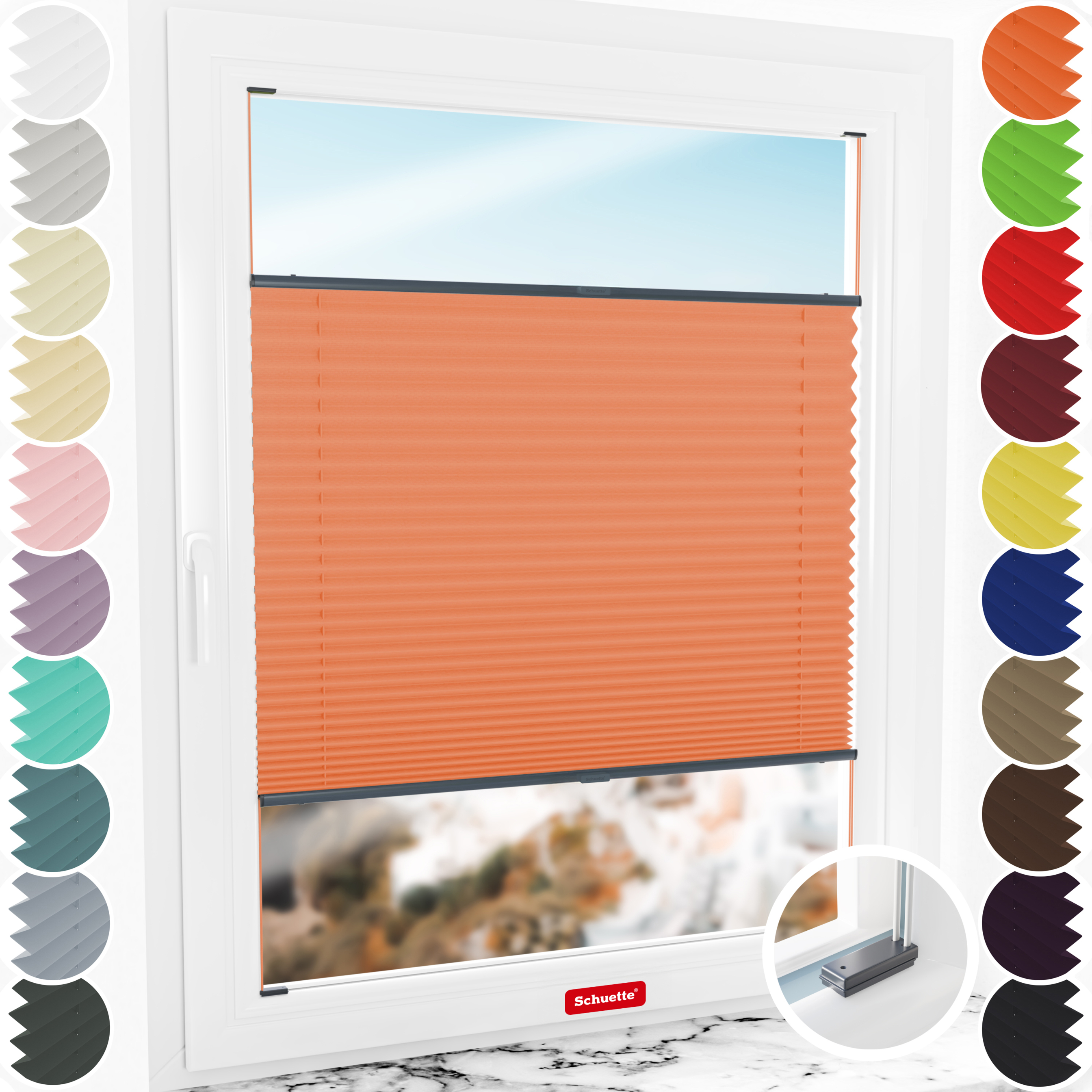 Schuette® Plissee mit Bohren nach Maß • Suprafix Halterungen “Mit Bohren” •  Premium Kollektion: Sunset (Orange) • Profilfarbe: Anthrazit