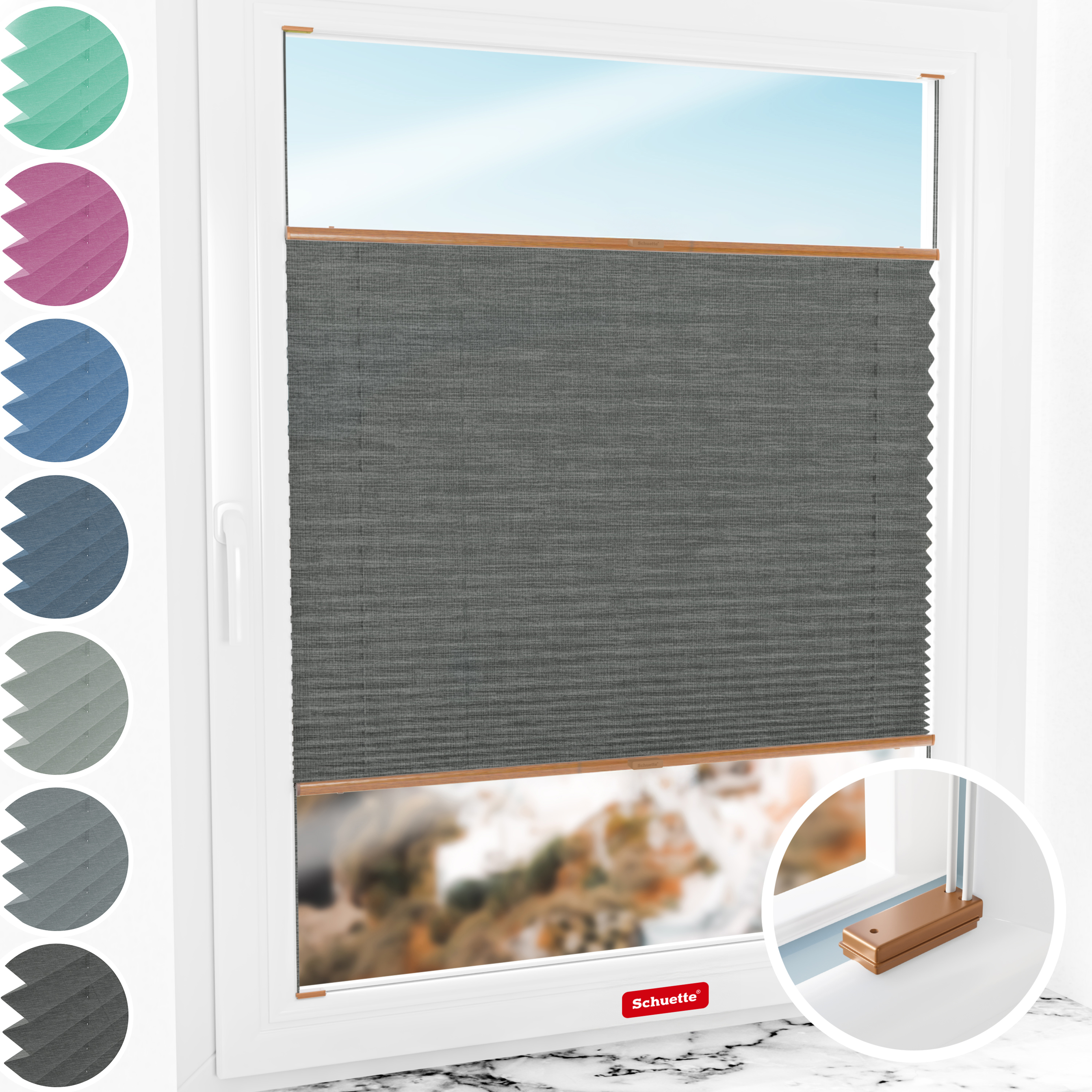 Schuette® Plissee mit Bohren nach Maß • Suprafix Halterungen “Mit Bohren” • Melange Kollektion: Black Pearl (Schwarz) • Profilfarbe: Eiche