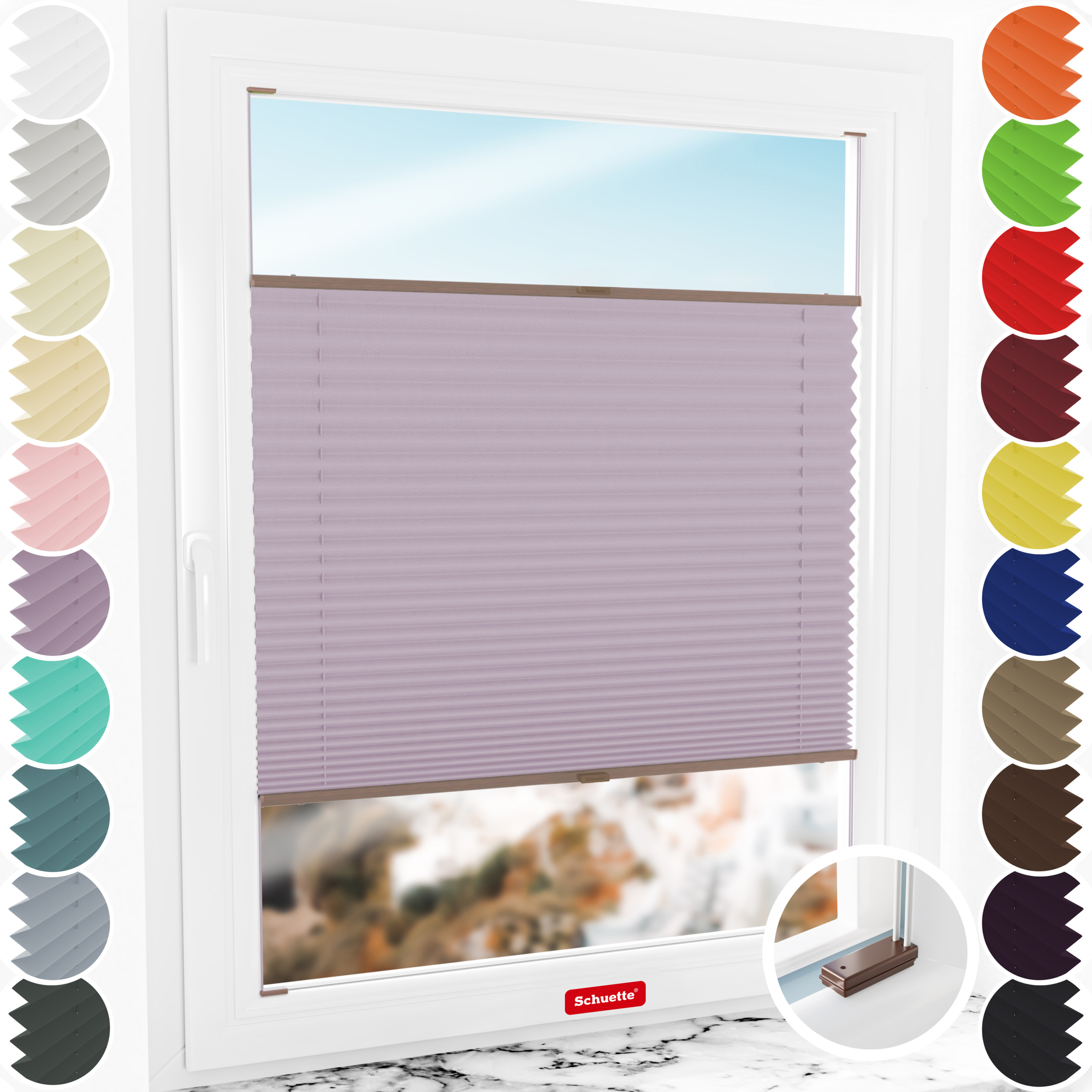 Schuette® Plissee mit Bohren nach Maß • Suprafix Halterungen “Mit Bohren” • Thermo Kollektion: Pastel Grape (lila) • Profilfarbe: Walnuss