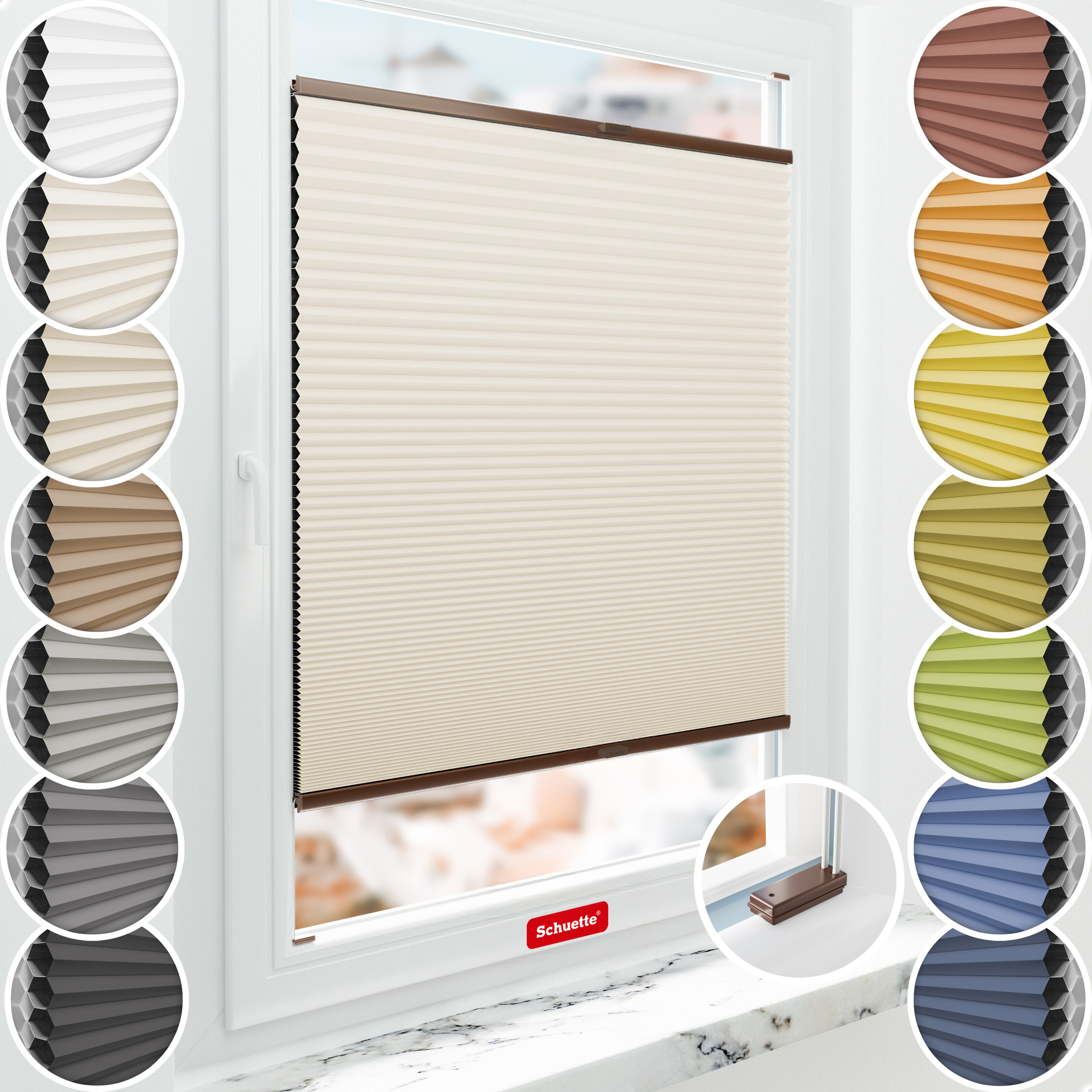 Schuette® Wabenplissee mit Bohren nach Maß • Suprafix Halterungen “Mit Bohren” • Honey Kollektion: Calm Coast (Beige) • Profilfarbe: Braun