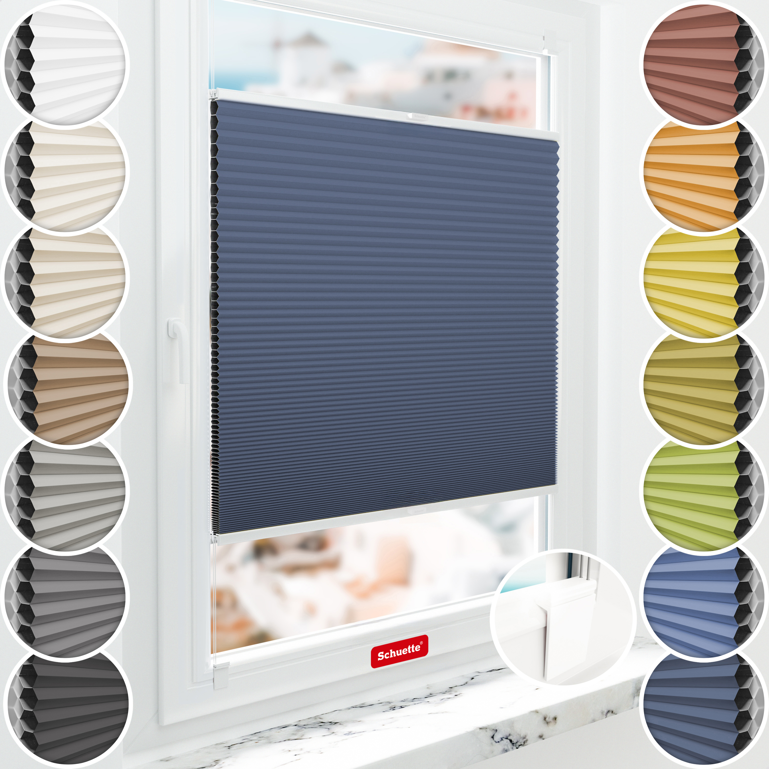 Schuette® Wabenplissee ohne Bohren nach Maß • Klebehalter & Schraubhalter 2in1 Set "Letsbond" Transparent • Honey Kollektion: Arctic Ocean (Dunkelblau) • Profilfarbe: Walnuss