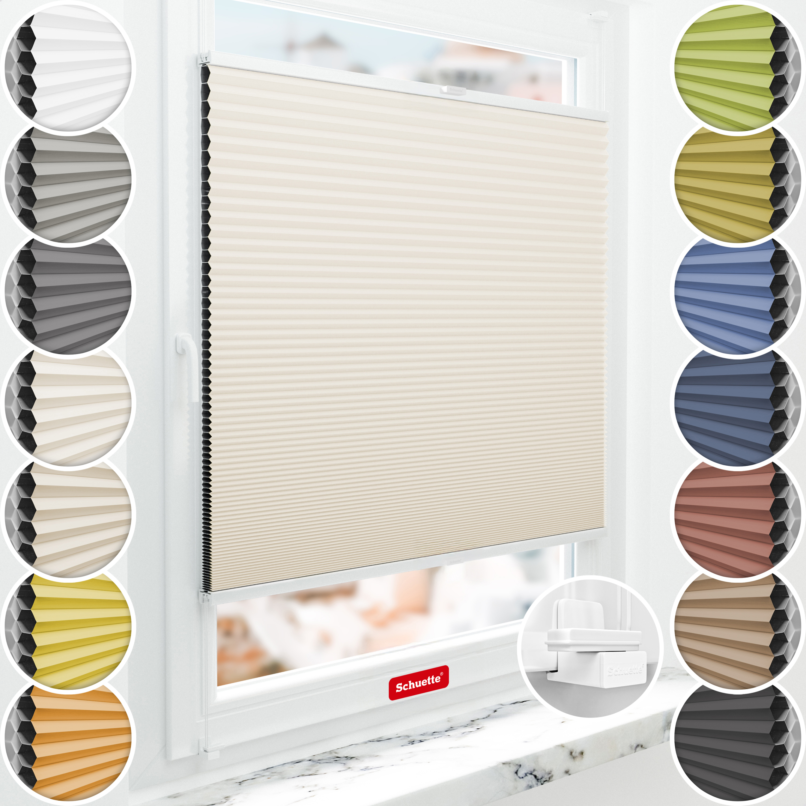 Schuette® Wabenplissee ohne Bohren nach Maß • Suprafix Klemmhalter "X" • Honey Kollektion: Calm Coast (Beige) • Profilfarbe: Weiß