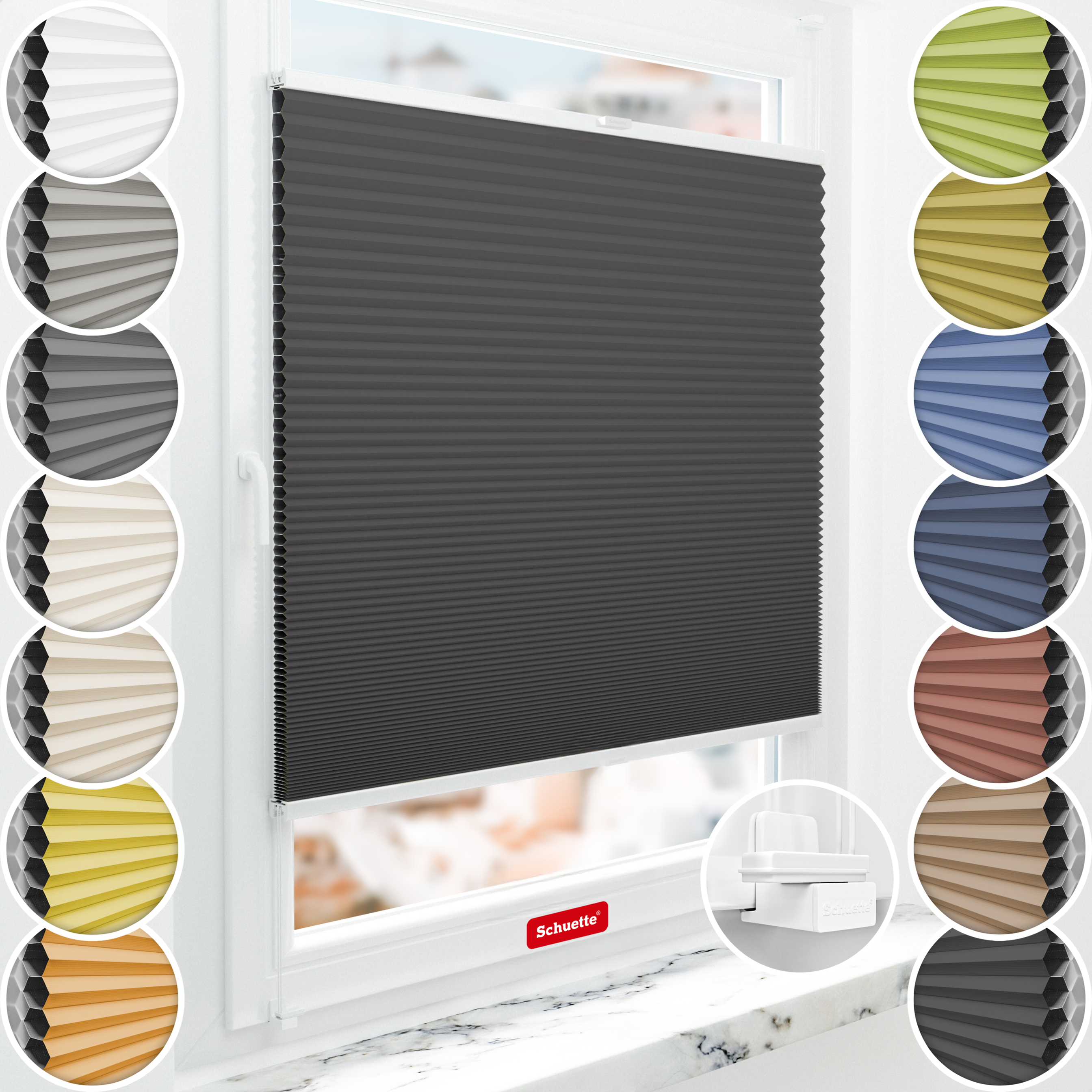 Schuette® Wabenplissee ohne Bohren nach Maß • Suprafix Klemmhalter "X" • Honey Kollektion: Starry Night (Schwarz) • Profilfarbe: Weiß