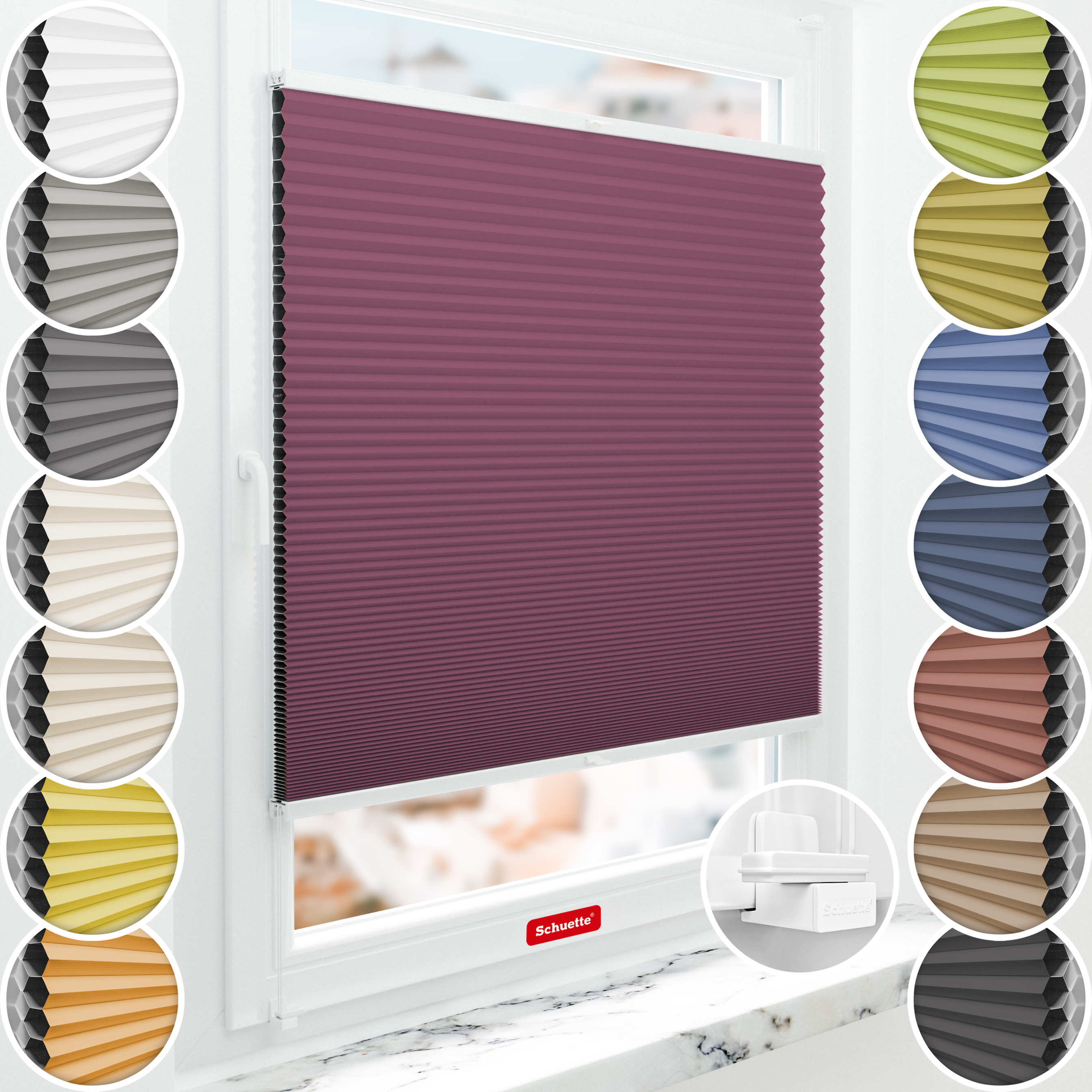 Schuette® Wabenplissee ohne Bohren nach Maß • Suprafix Klemmhalter "X" • Honey Kollektion: Red Velvet (Purpurrot) • Profilfarbe: Weiß