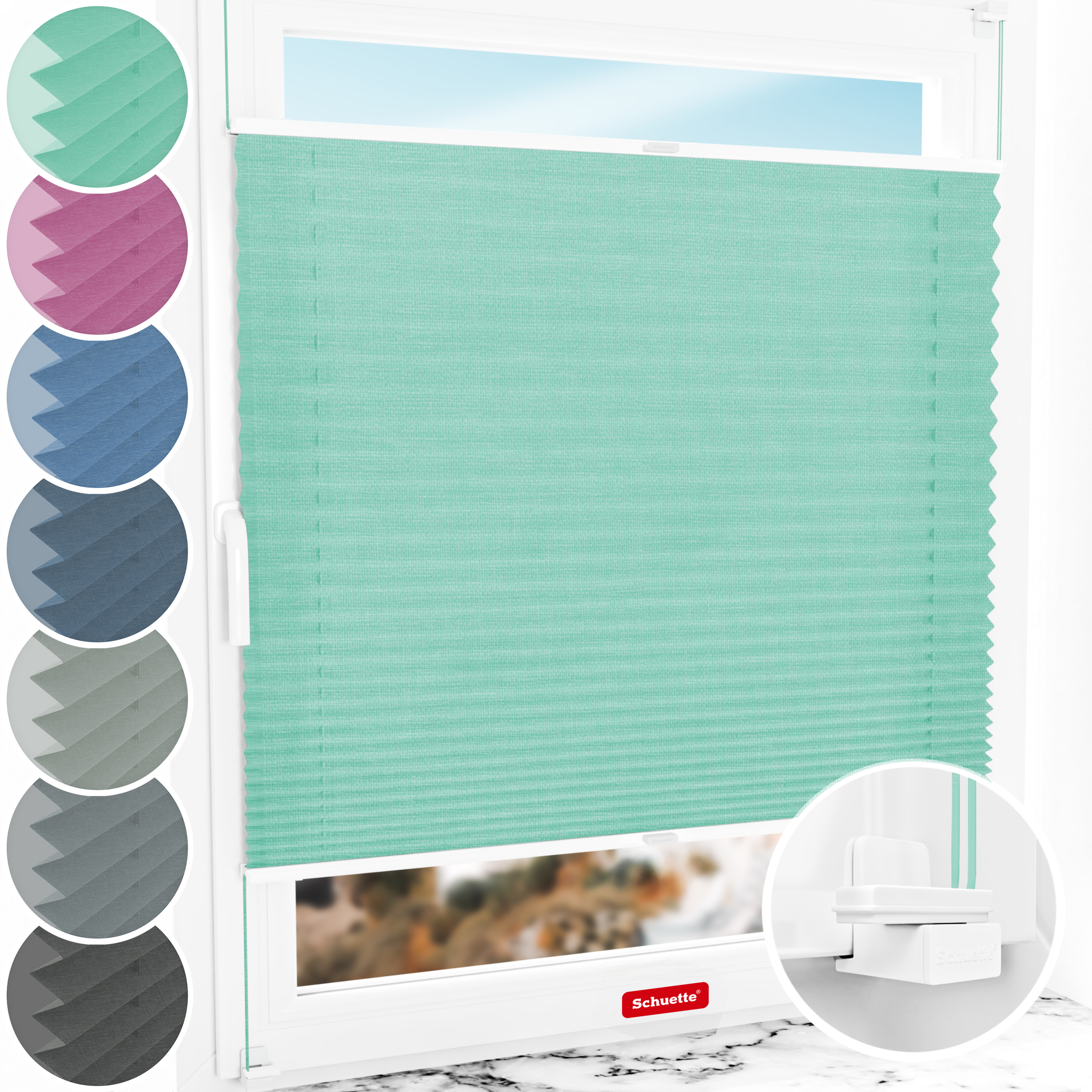 Schuette® Plissee ohne Bohren nach Maß • Suprafix Klemmhalter "X" • Melange Kollektion: Mint Ice Cream (Grün) • Profilfarbe: Weiß