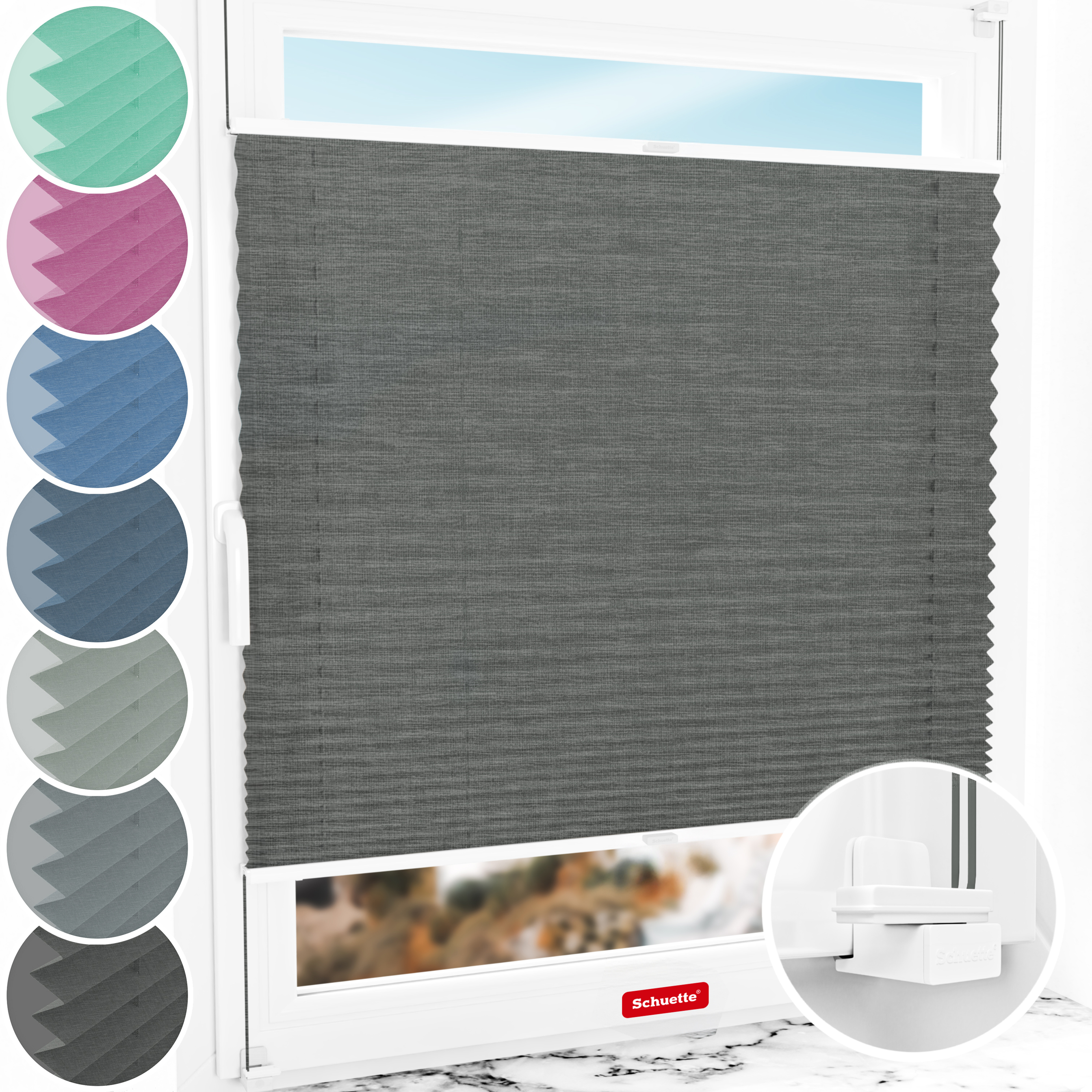 Schuette® Plissee ohne Bohren nach Maß • Suprafix Klemmhalter "X" • Melange Kollektion: Black Pearl (Schwarz) • Profilfarbe: Weiß