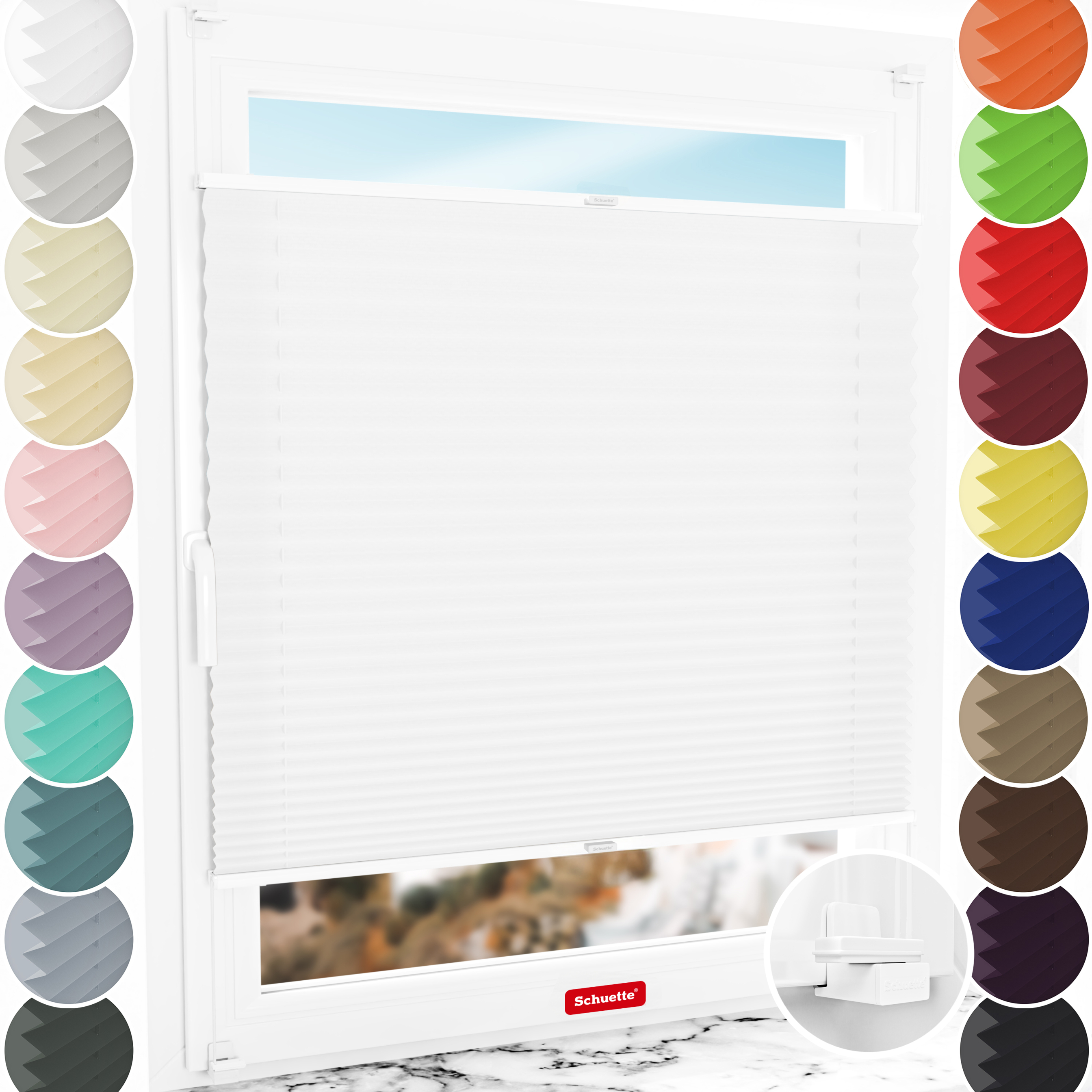 Schuette® Plissee ohne Bohren nach Maß • Suprafix Klemmhalter "X" • Premium Kollektion: White Day (Weiß) • Profilfarbe: Weiß