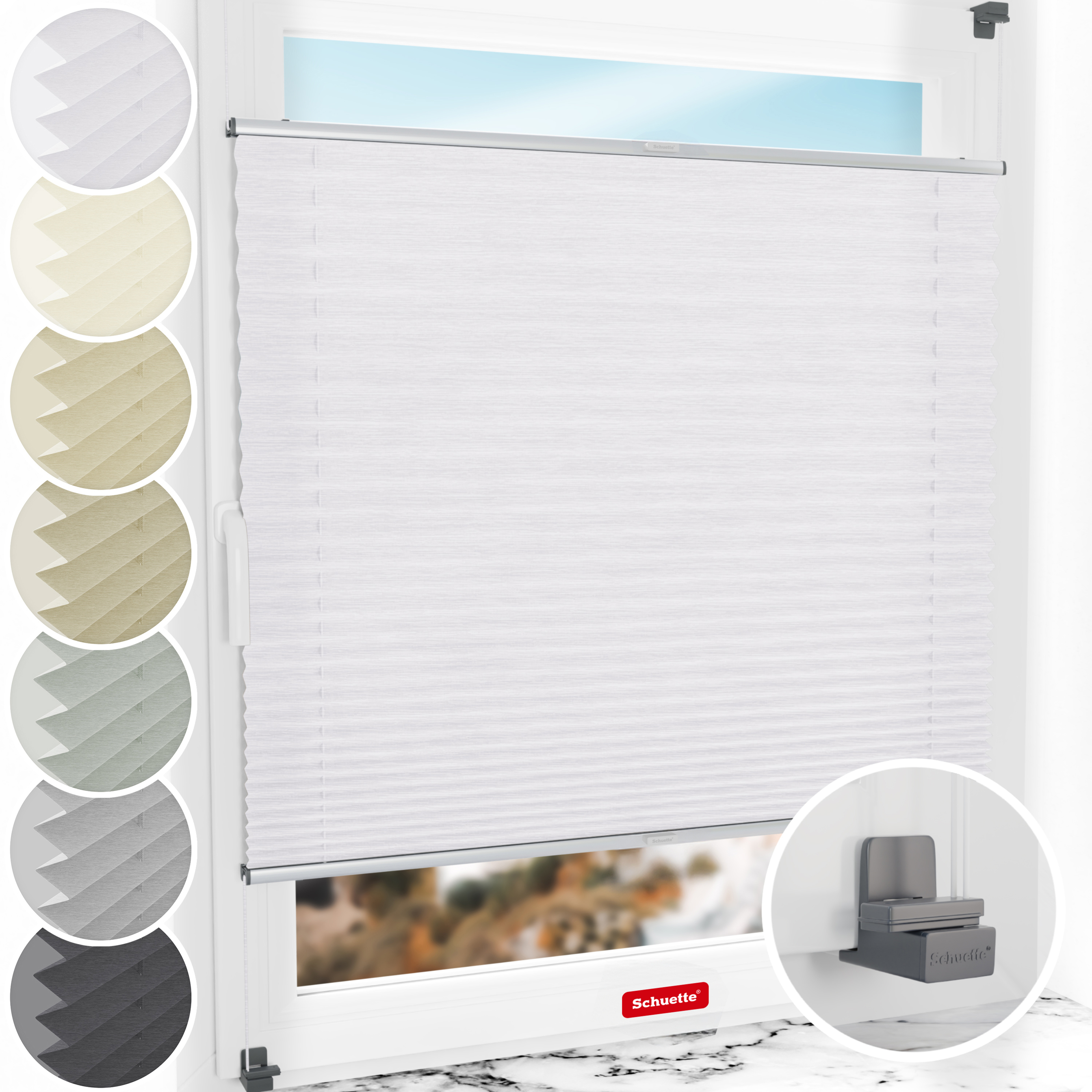 Schuette® Plissee ohne Bohren nach Maß • Suprafix Klemmhalter "X" • Dolomite Kollektion: Cold Morning (Grau) • Profilfarbe: Silber