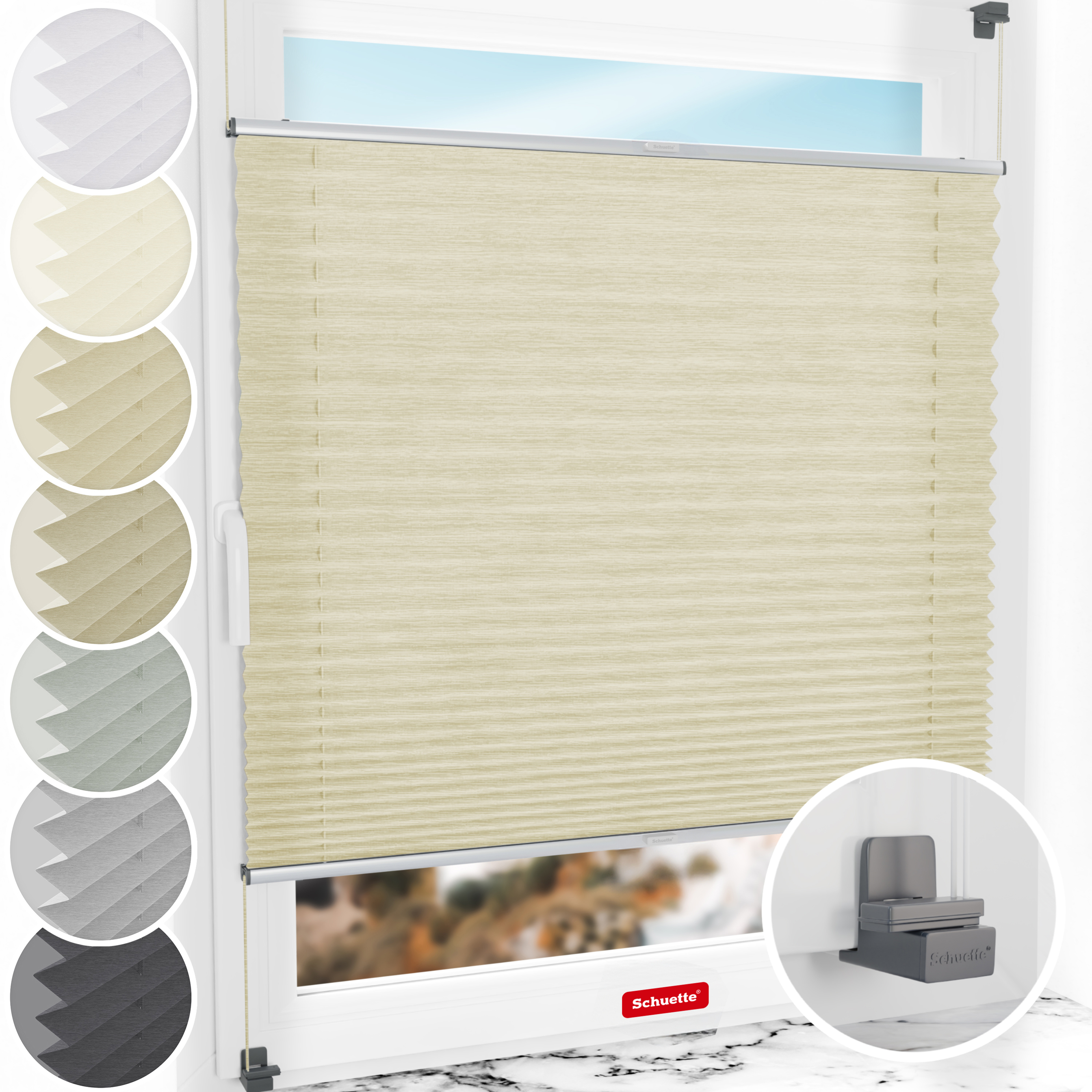 Schuette® Plissee ohne Bohren nach Maß • Suprafix Klemmhalter "X" • Dolomite Kollektion: Wet Stand (Beige) • Profilfarbe: Silber