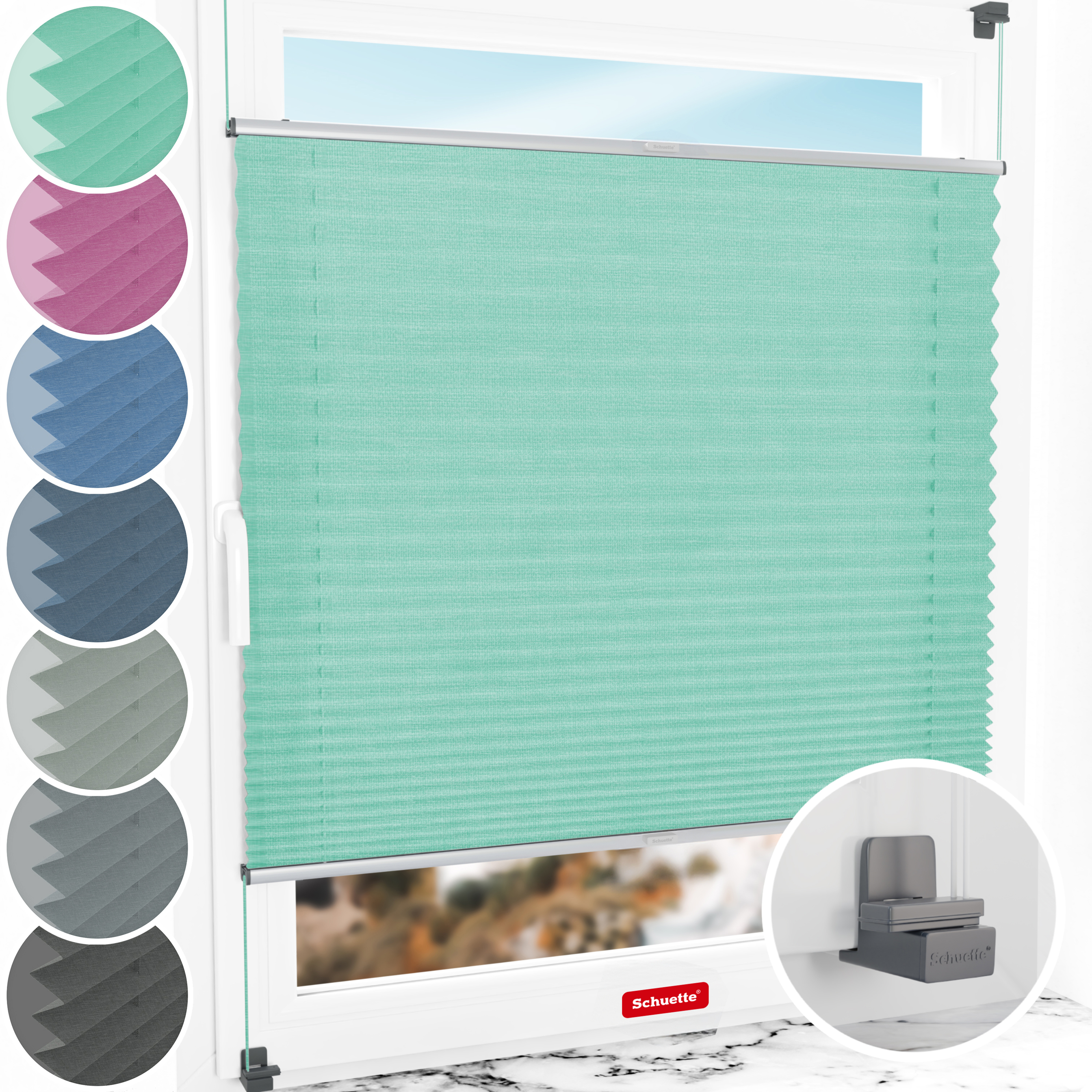 Schuette® Plissee ohne Bohren nach Maß • Suprafix Klemmhalter "X" • Melange Kollektion: Mint Ice Cream (Grün) • Profilfarbe: Silber