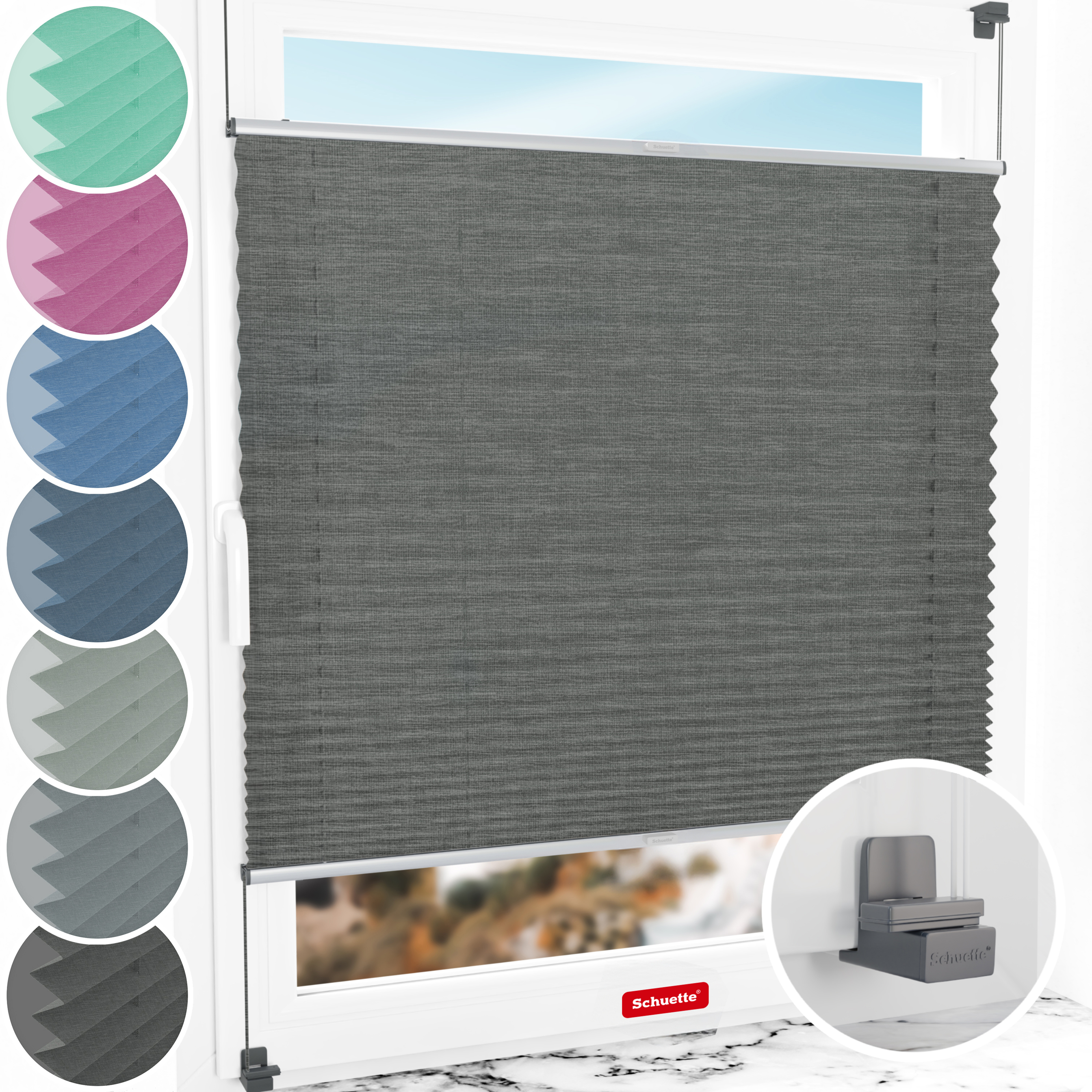 Schuette® Plissee ohne Bohren nach Maß • Suprafix Klemmhalter "X" • Melange Kollektion: Black Pearl (Schwarz) • Profilfarbe: Silber