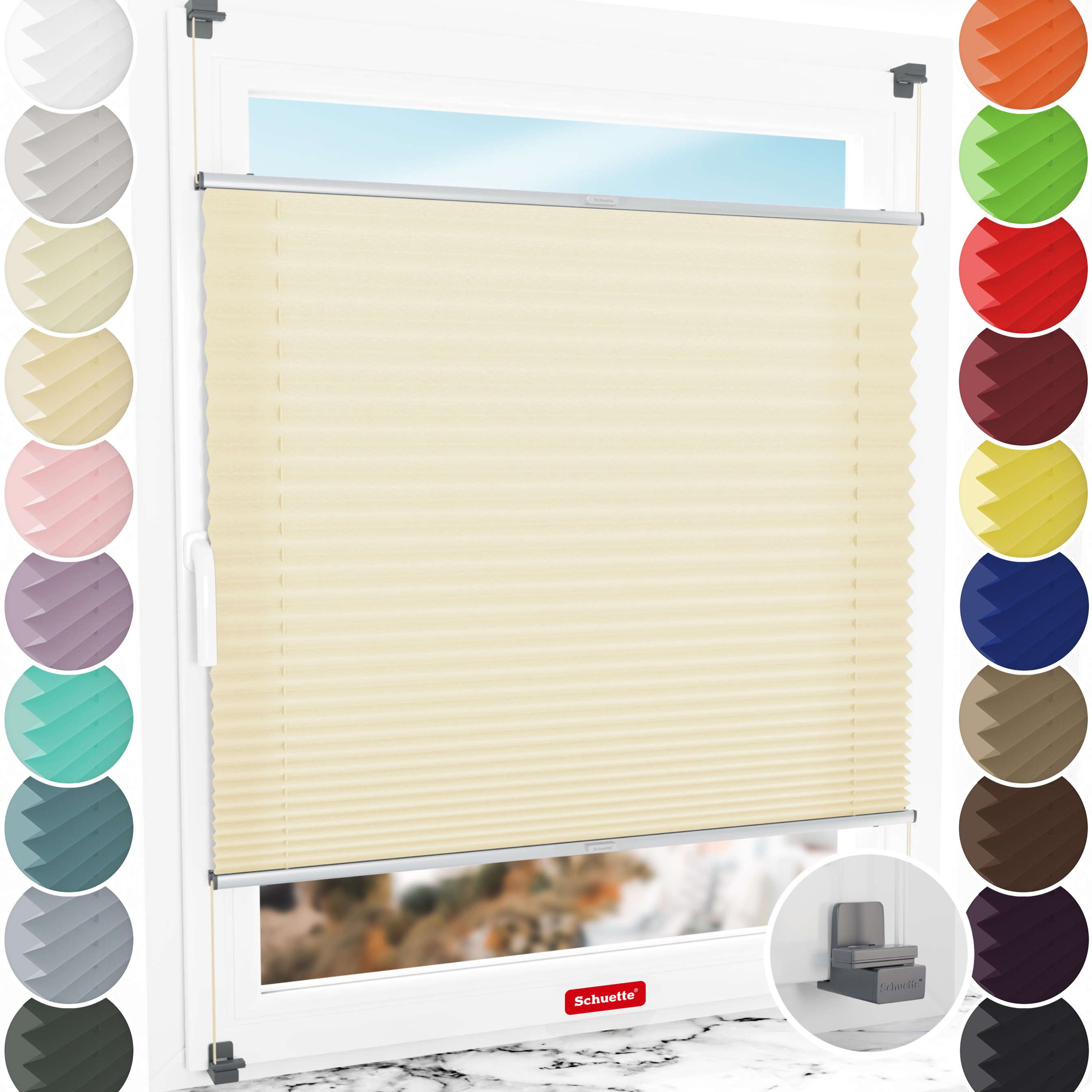 Schuette® Plissee ohne Bohren nach Maß • Suprafix Klemmhalter "X" • Premium Kollektion: Sahara's Sand • Profilfarbe: Silber