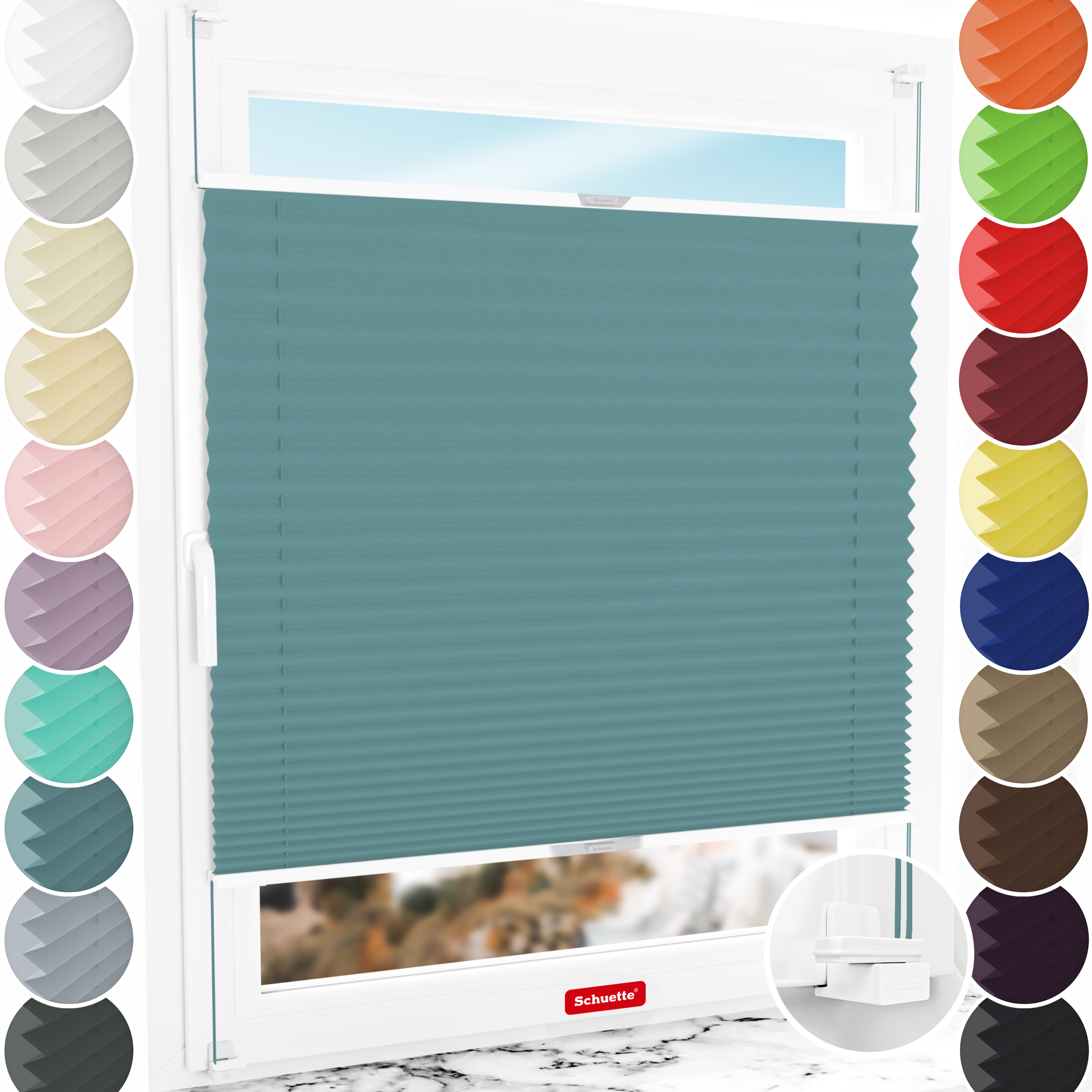 Schuette® Plissee ohne Bohren nach Maß • Suprafix Klemmhalter "X" • Thermo Kollektion: Teal Aura (Türkis) • Profilfarbe: Silber
