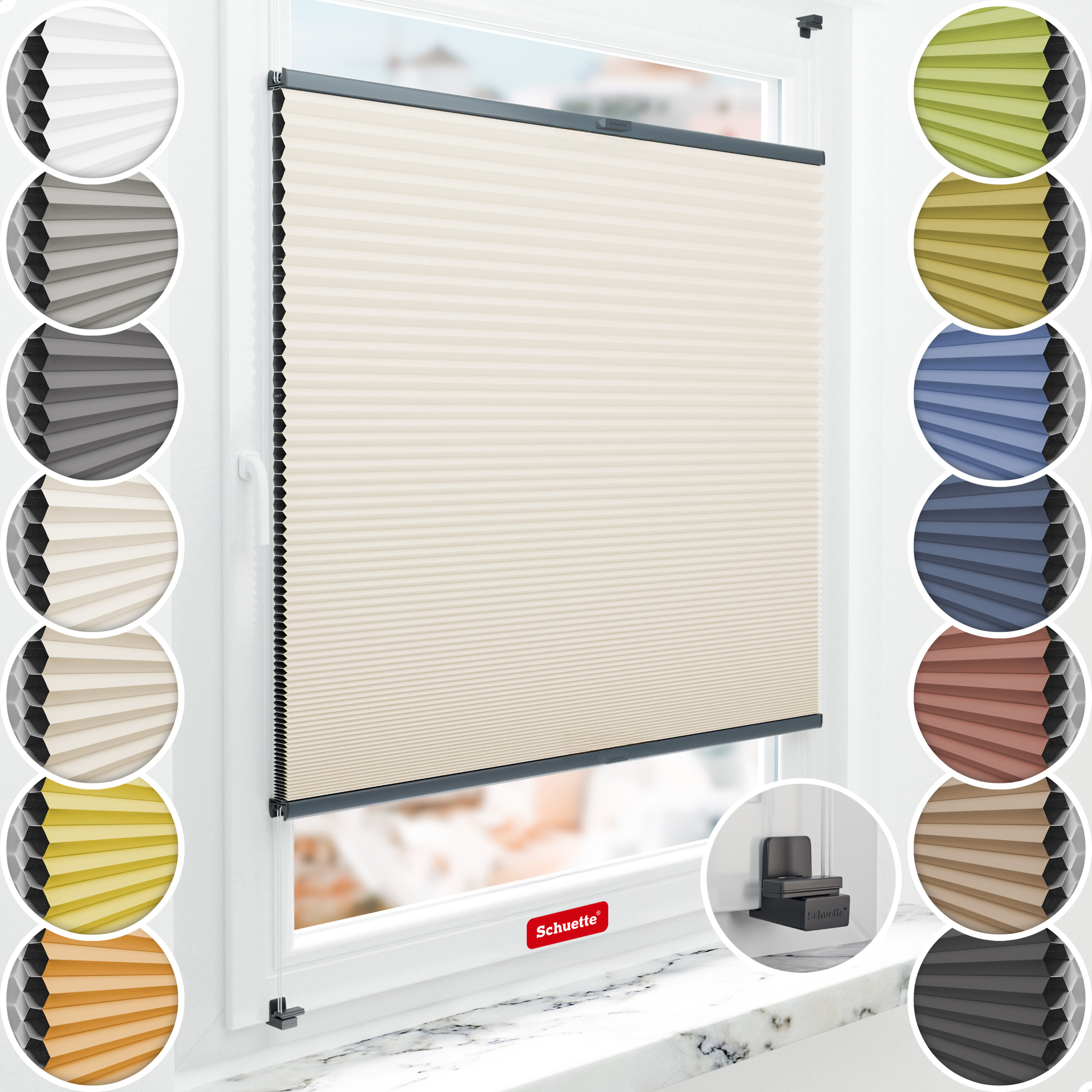 Schuette® Wabenplissee ohne Bohren nach Maß • Suprafix Klemmhalter "X" • Honey Kollektion: Calm Coast (Beige) • Profilfarbe: Anthrazit