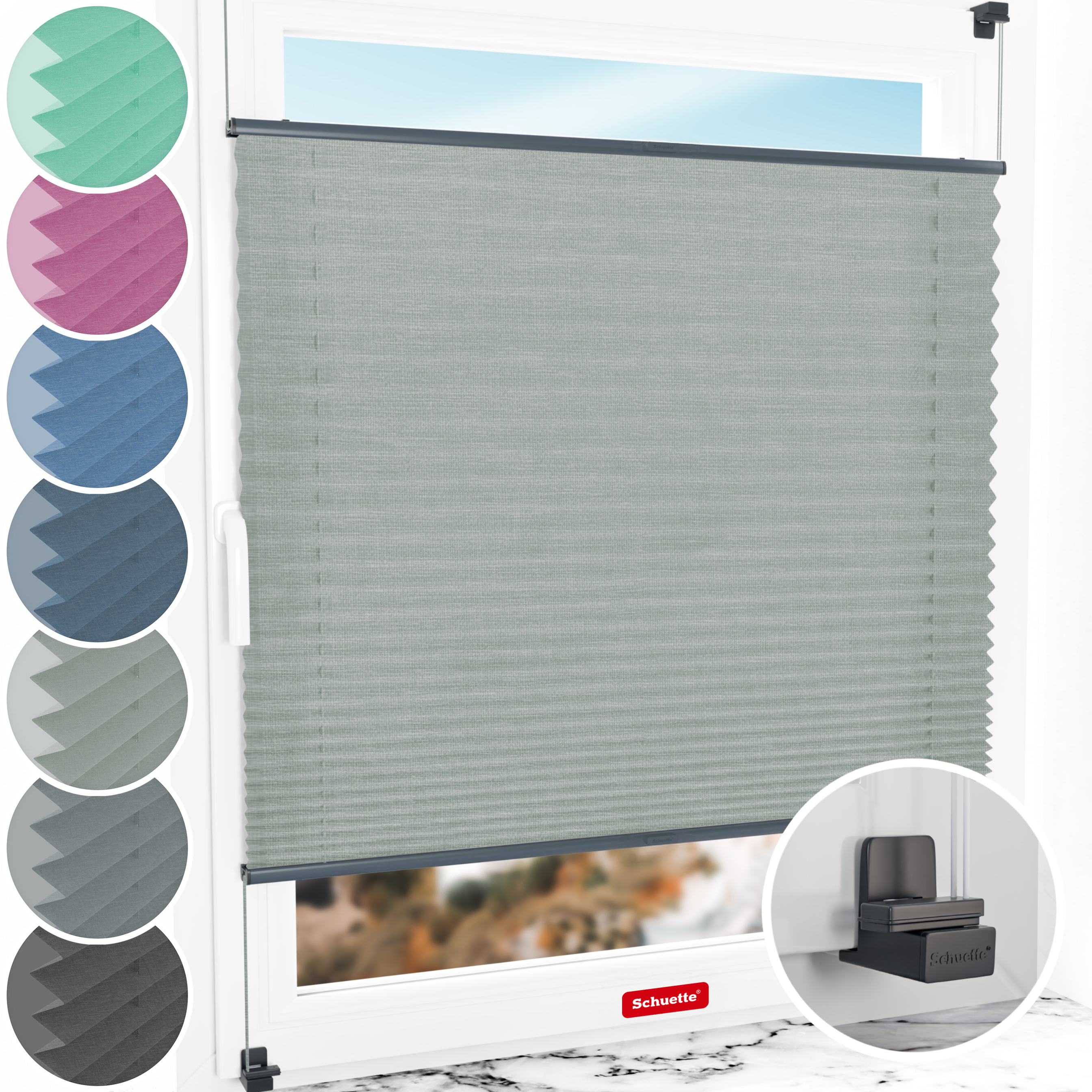 Schuette® Plissee ohne Bohren nach Maß • Suprafix Klemmhalter "X" • Melange Kollektion: On The Road (Grau) • Profilfarbe: Anthrazit