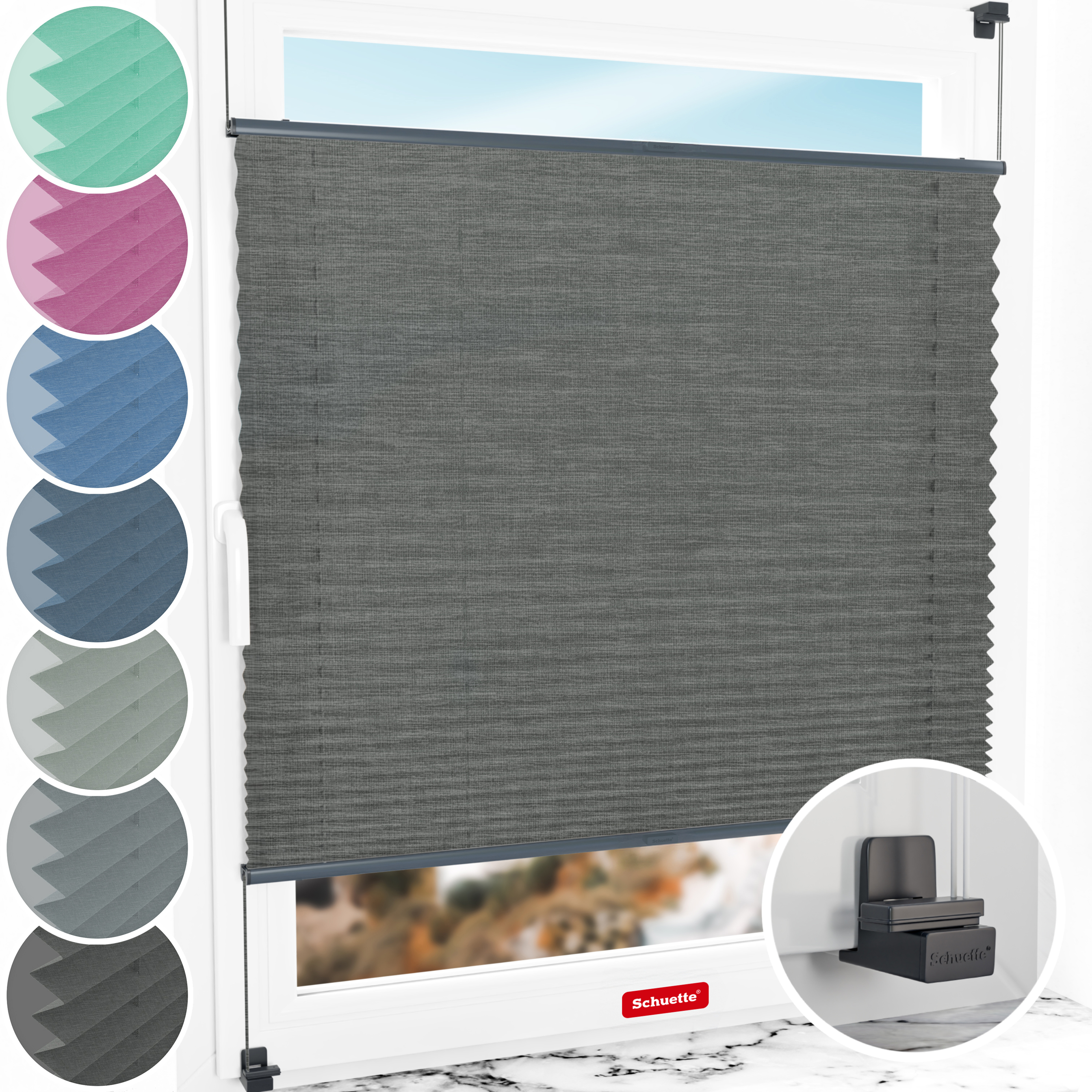 Schuette® Plissee ohne Bohren nach Maß • Suprafix Klemmhalter "X" • Melange Kollektion: Black Pearl (Schwarz) • Profilfarbe: Anthrazit