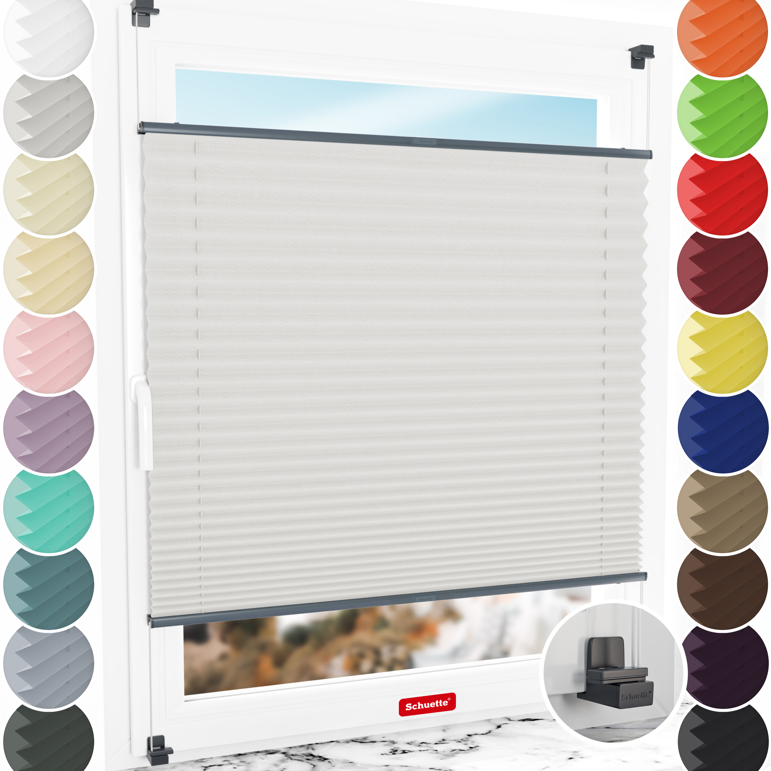 Schuette® Plissee ohne Bohren nach Maß • Suprafix Klemmhalter "X" • Thermo Kollektion: Spring Cloud (Grau) • Profilfarbe: Anthrazit