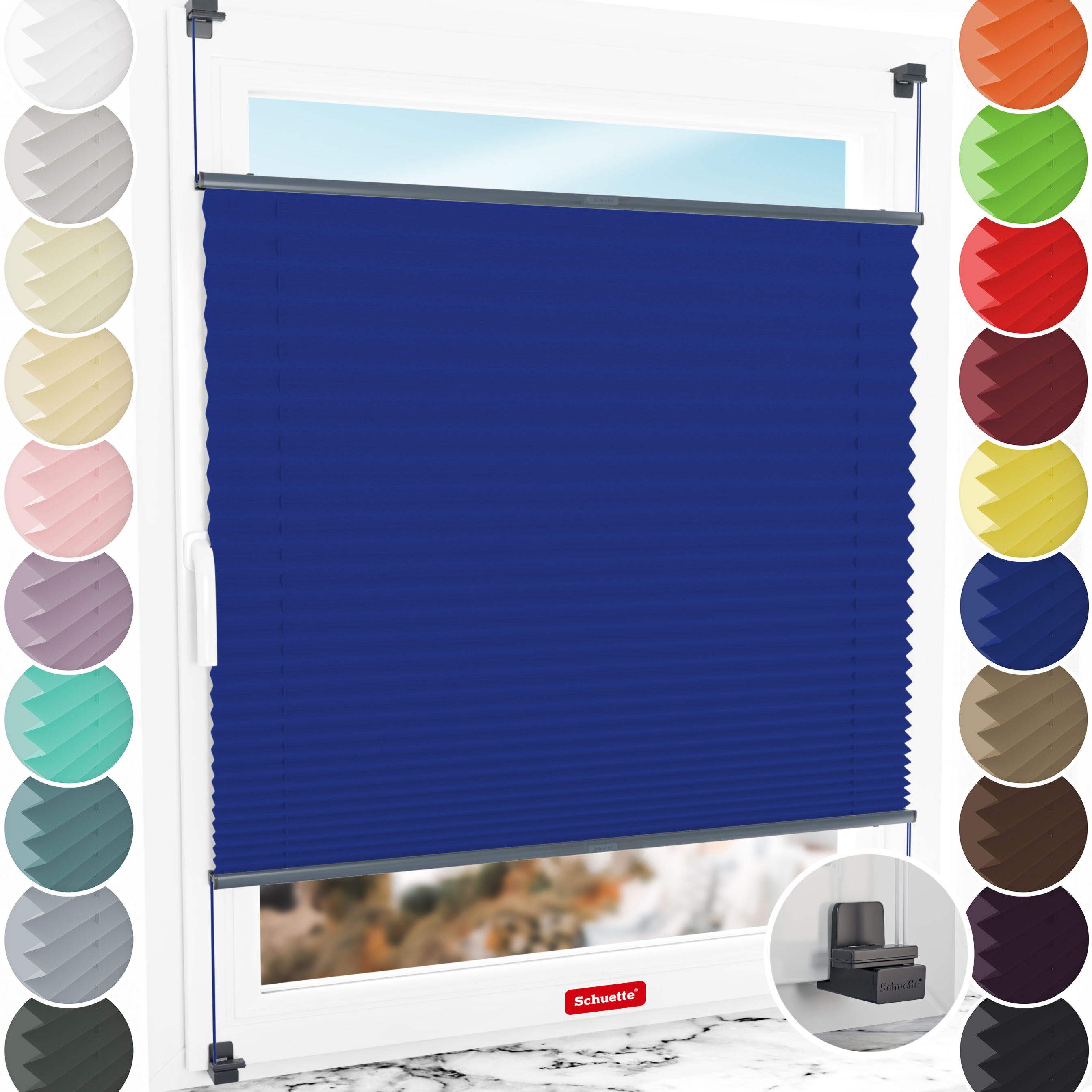 Schuette® Plissee ohne Bohren nach Maß • Suprafix Klemmhalter "X" • Thermo Kollektion: Wave Waltz (Blau) • Profilfarbe: Anthrazit