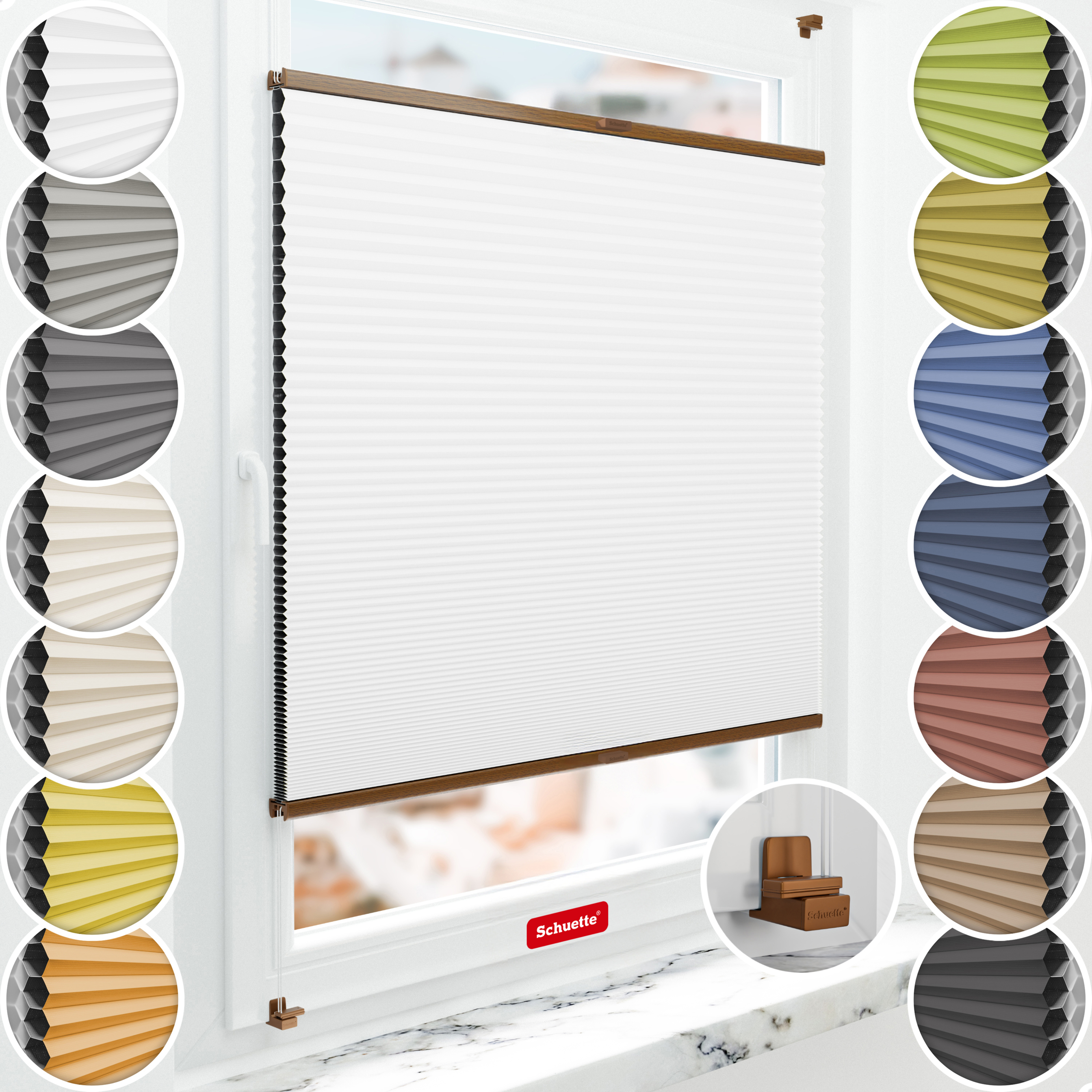 Schuette® Wabenplissee ohne Bohren nach Maß • Suprafix Klemmhalter "X" • Honey Kollektion: Moonlight (Weiß) • Profilfarbe: Eiche