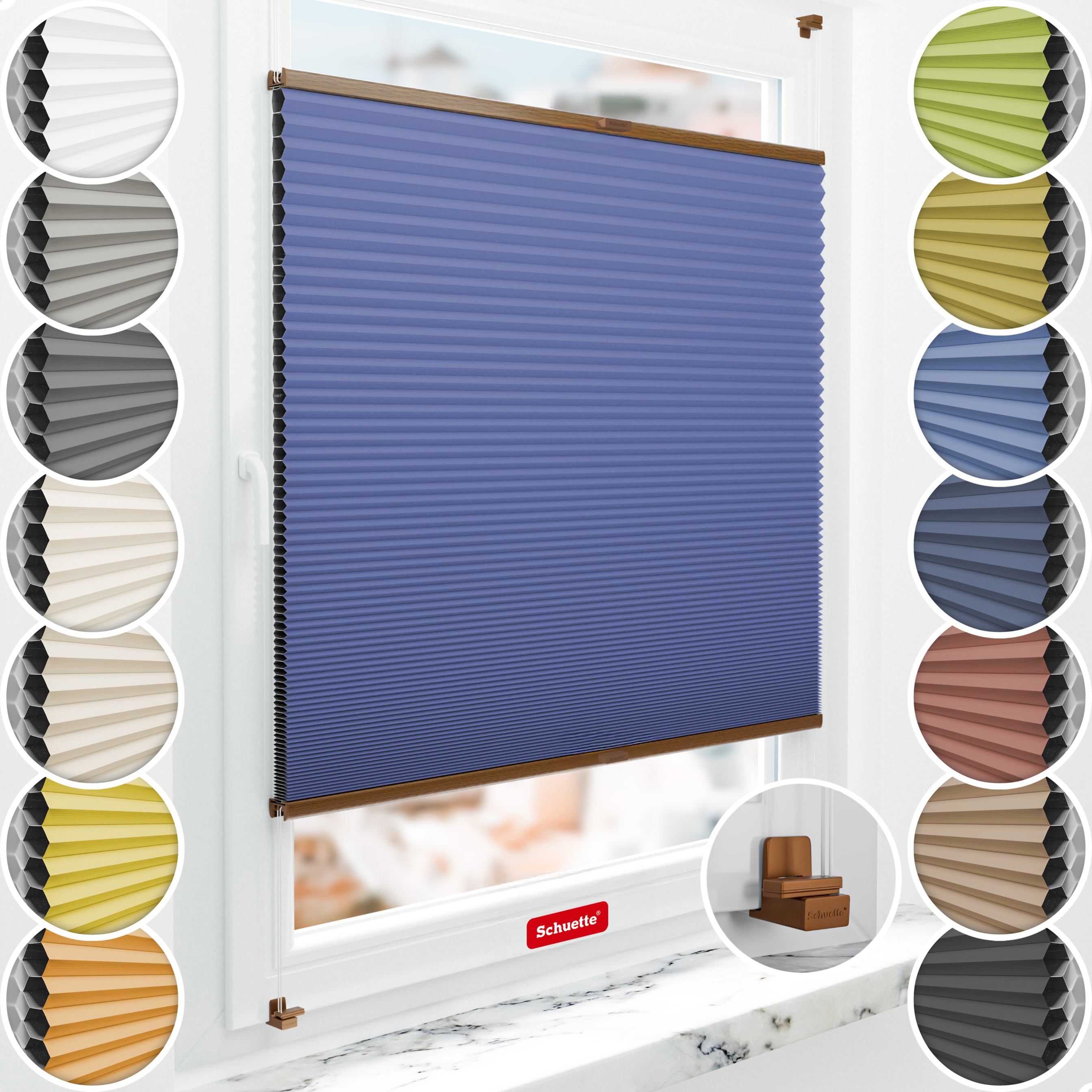 Schuette® Wabenplissee ohne Bohren nach Maß • Suprafix Klemmhalter "X" • Honey Kollektion: Skyline (Blau) • Profilfarbe: Eiche
