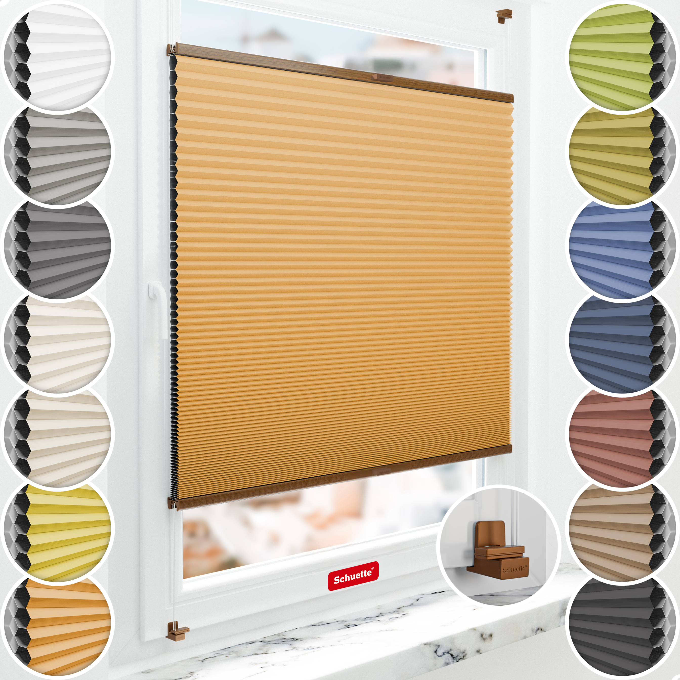 Schuette® Wabenplissee ohne Bohren nach Maß • Suprafix Klemmhalter "X" • Honey Kollektion: Citrus Glow (Orange) • Profilfarbe: Eiche