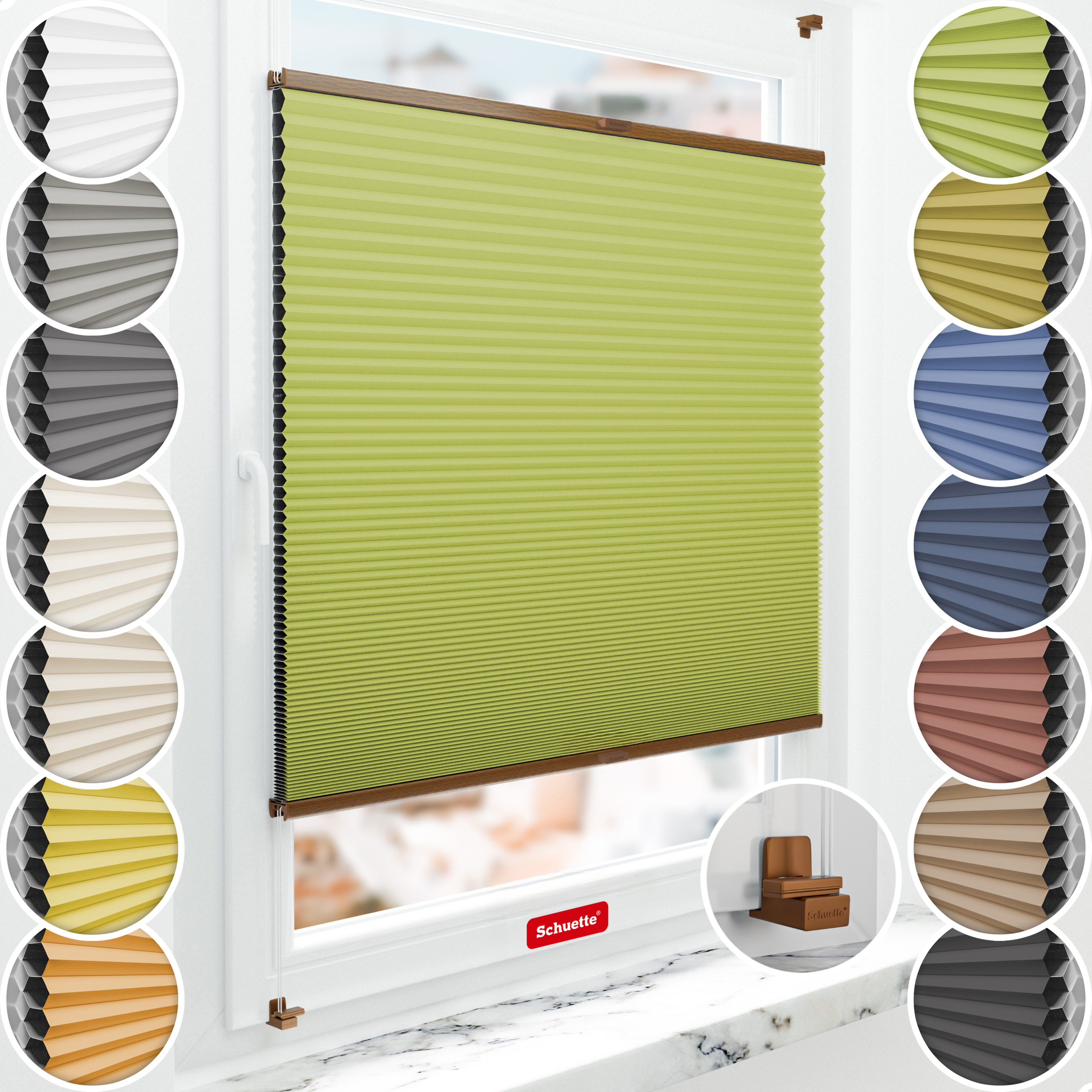 Schuette® Wabenplissee ohne Bohren nach Maß • Suprafix Klemmhalter "X" • Honey Kollektion: Green Tea (Grün) • Profilfarbe: Eiche